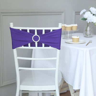 5 Pack Stretch Spandex Chair Sashes Purple - Reusable Chair Bands with Silver Diamond Ring Slide Buckle 5"x14" - Linen Luxes