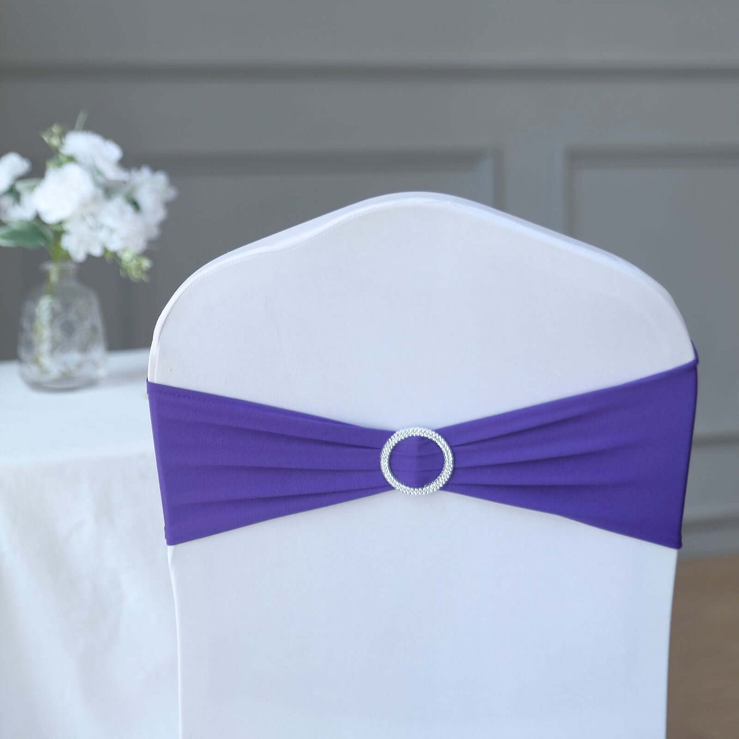 5 Pack Stretch Spandex Chair Sashes Purple - Reusable Chair Bands with Silver Diamond Ring Slide Buckle 5"x14" - Linen Luxes