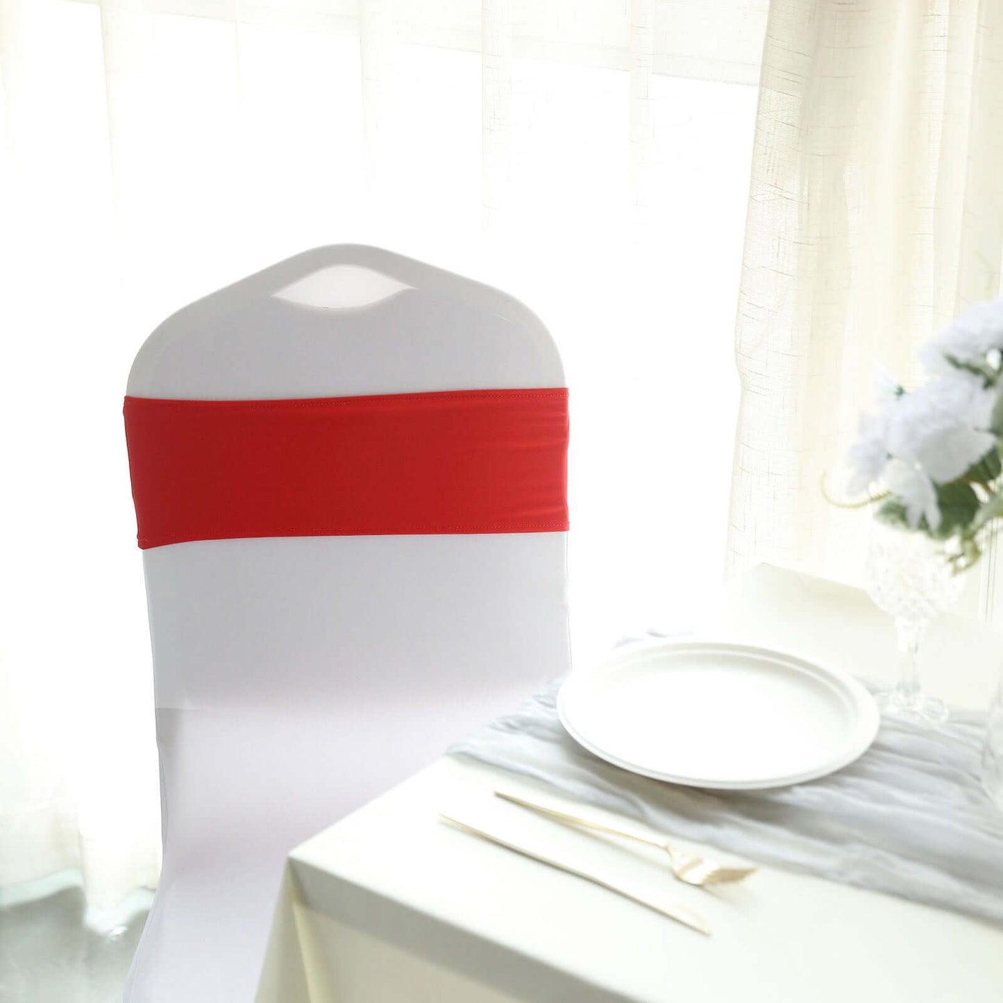 5 Pack Stretch Spandex Chair Sashes Red - Reusable Chair Bands with Silver Diamond Ring Slide Buckle 5"x14" - Linen Luxes