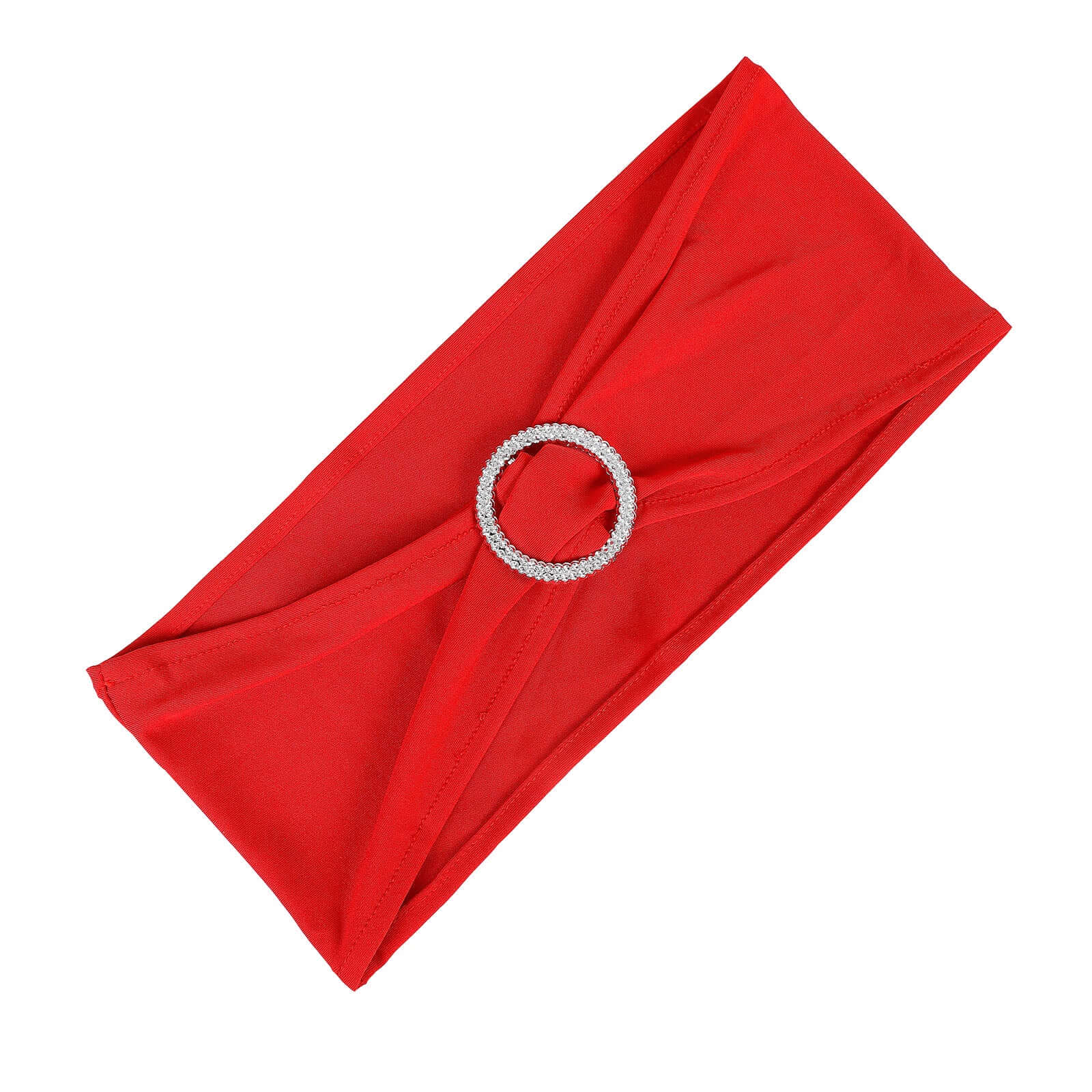 5 Pack Stretch Spandex Chair Sashes Red - Reusable Chair Bands with Silver Diamond Ring Slide Buckle 5"x14" - Linen Luxes
