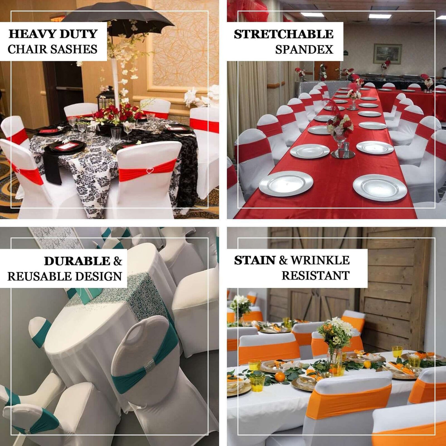 5 Pack Stretch Spandex Chair Sashes Red - Reusable Chair Bands with Silver Diamond Ring Slide Buckle 5"x14" - Linen Luxes