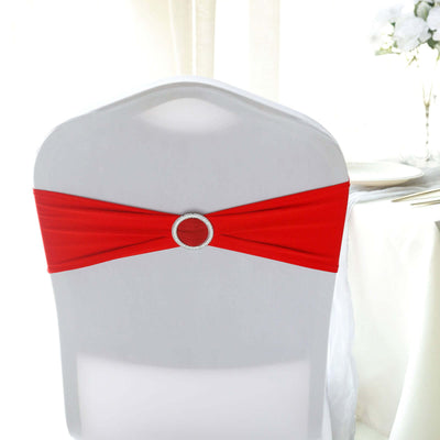 5 Pack Stretch Spandex Chair Sashes Red - Reusable Chair Bands with Silver Diamond Ring Slide Buckle 5"x14" - Linen Luxes