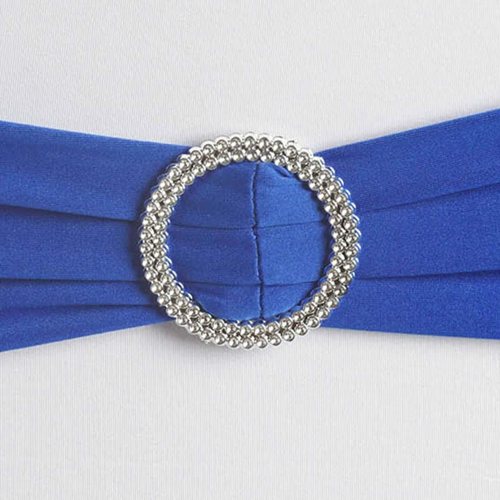 5 Pack Stretch Spandex Chair Sashes Royal Blue - Reusable Chair Bands with Silver Diamond Ring Slide Buckle 5"x14" - Linen Luxes