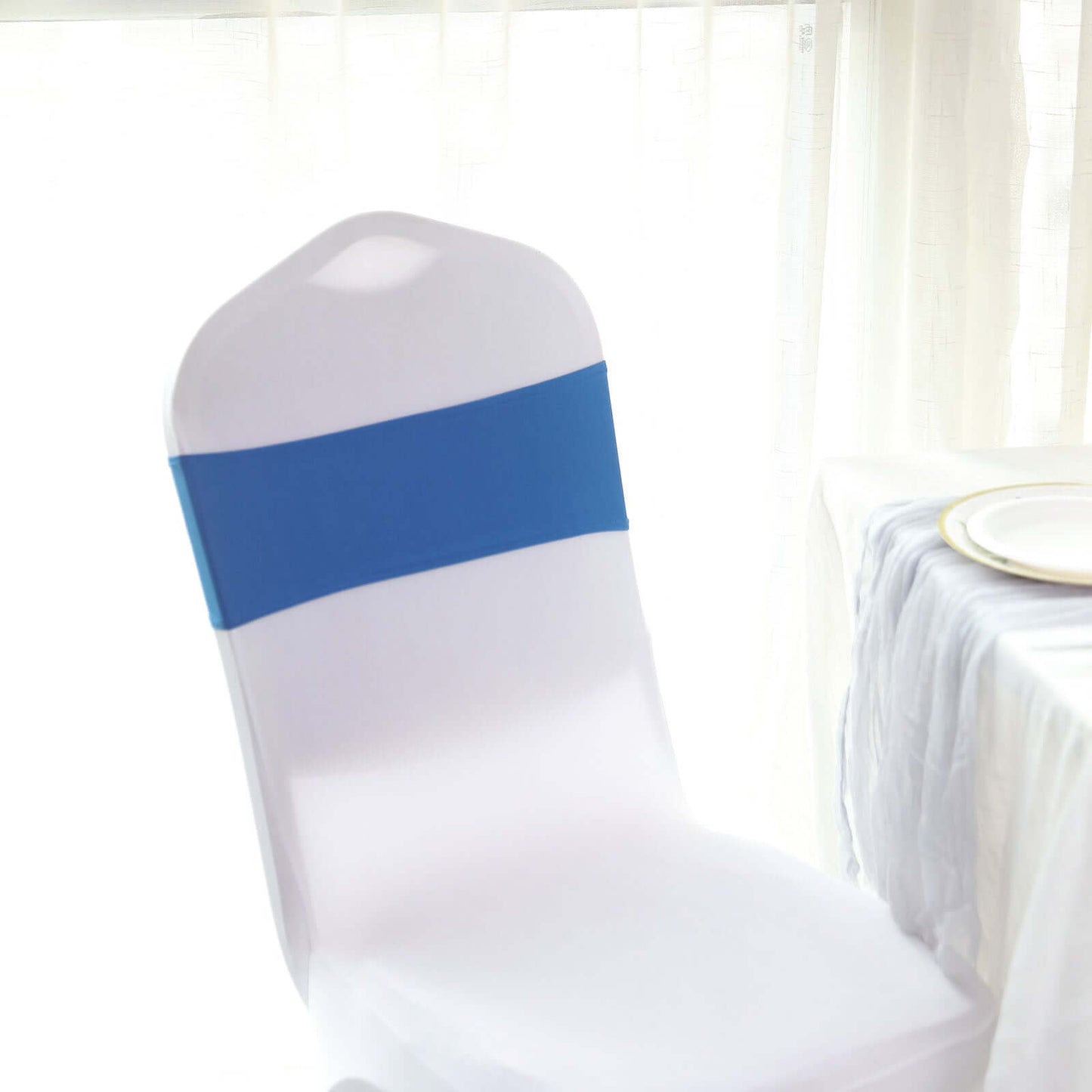 5 Pack Stretch Spandex Chair Sashes Royal Blue - Reusable Chair Bands with Silver Diamond Ring Slide Buckle 5"x14" - Linen Luxes