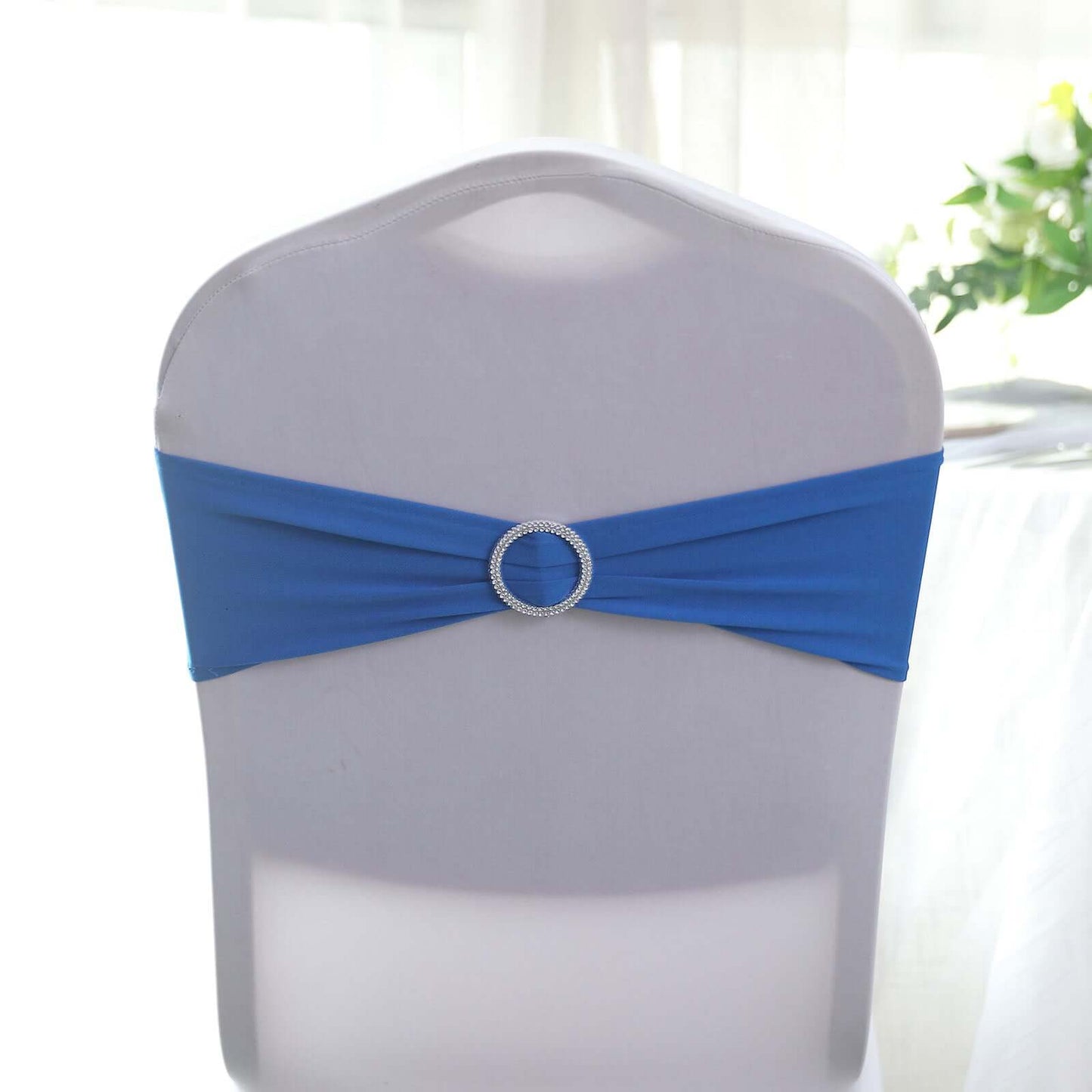5 Pack Stretch Spandex Chair Sashes Royal Blue - Reusable Chair Bands with Silver Diamond Ring Slide Buckle 5"x14" - Linen Luxes