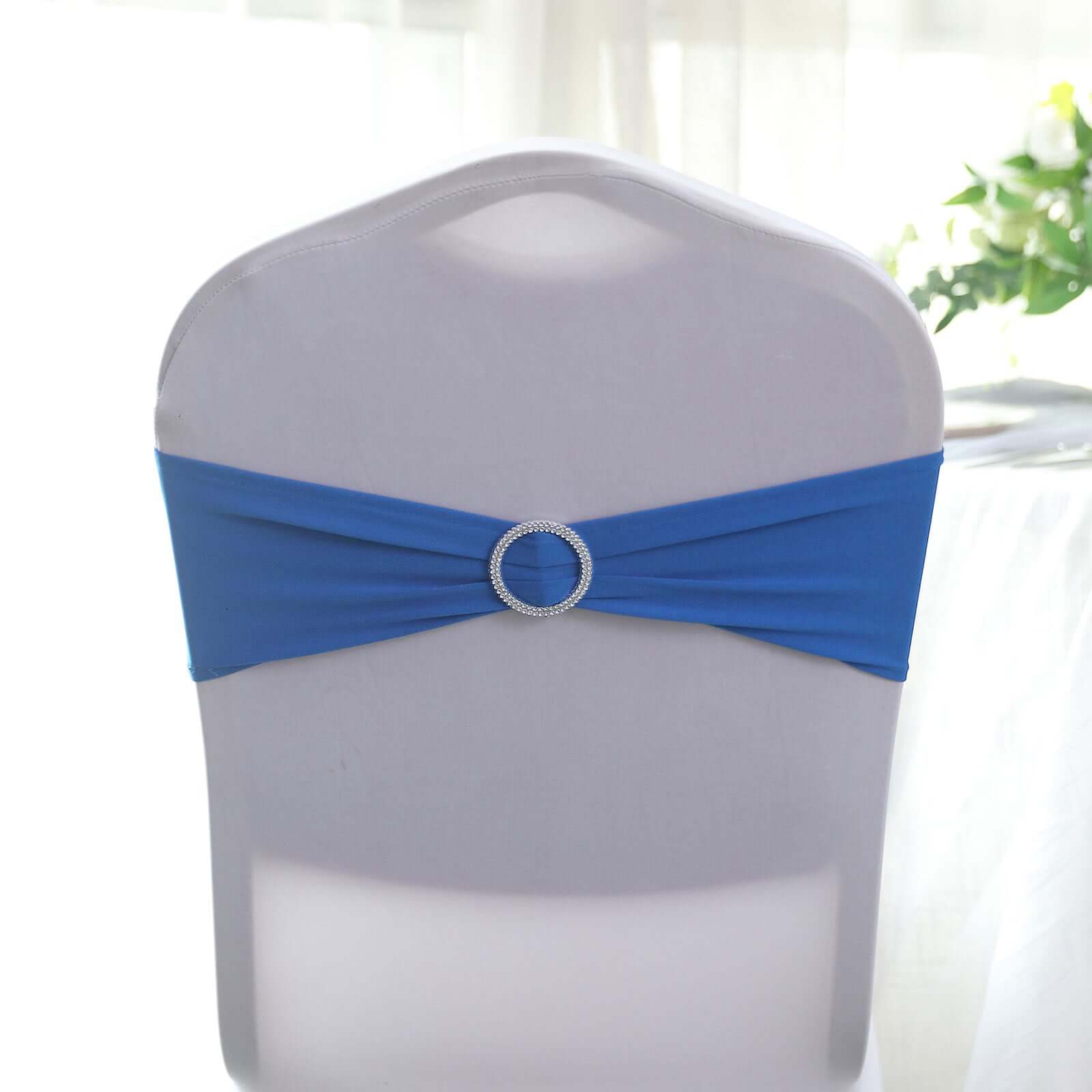5 Pack Stretch Spandex Chair Sashes Royal Blue - Reusable Chair Bands with Silver Diamond Ring Slide Buckle 5"x14" - Linen Luxes