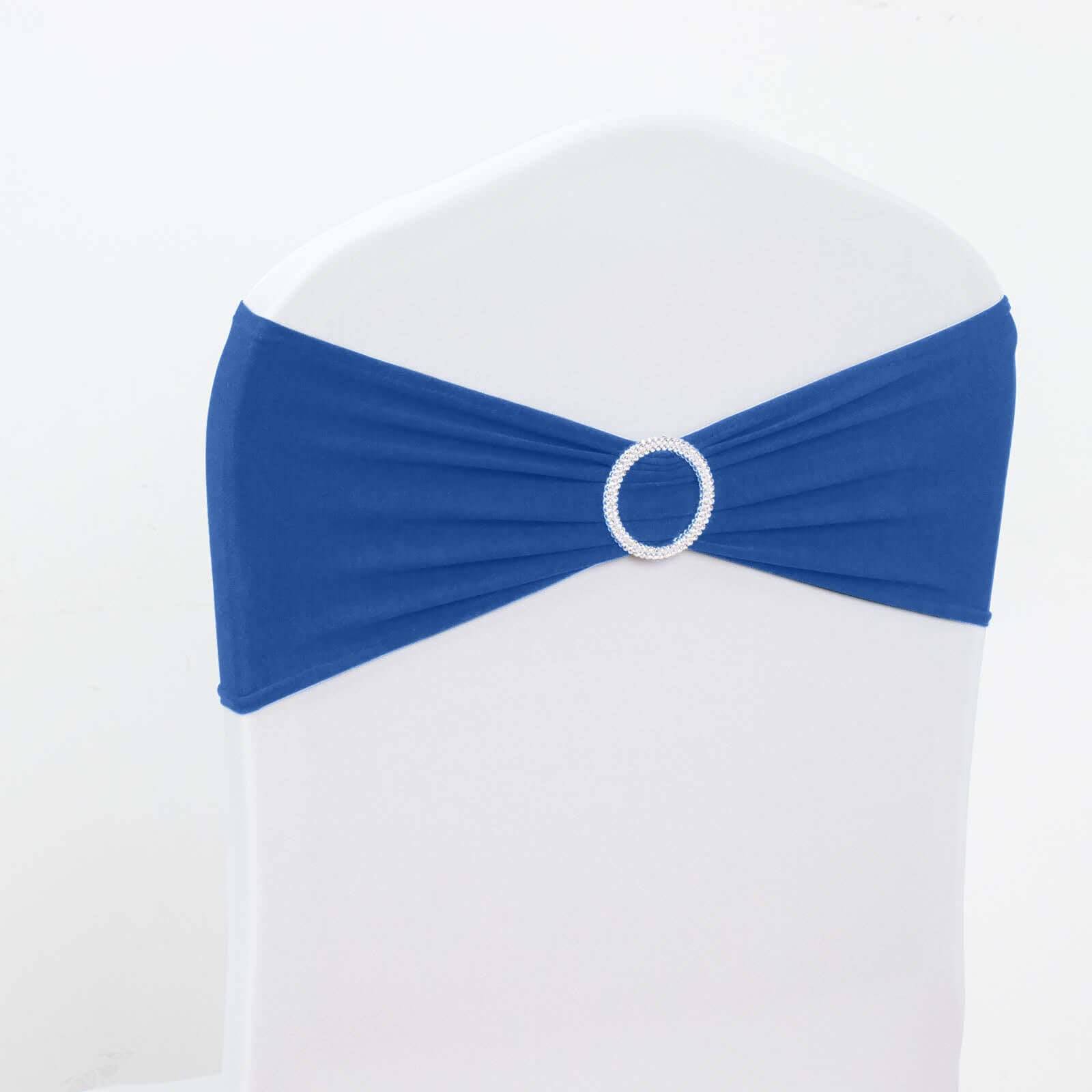 5 Pack Stretch Spandex Chair Sashes Royal Blue - Reusable Chair Bands with Silver Diamond Ring Slide Buckle 5"x14" - Linen Luxes