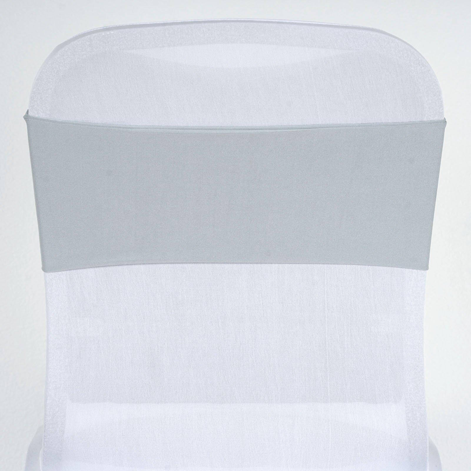 5 Pack Stretch Spandex Chair Sashes Silver - Fitted Finish Two Ply Heavy Duty Chair Bands 5"x12" - Linen Luxes