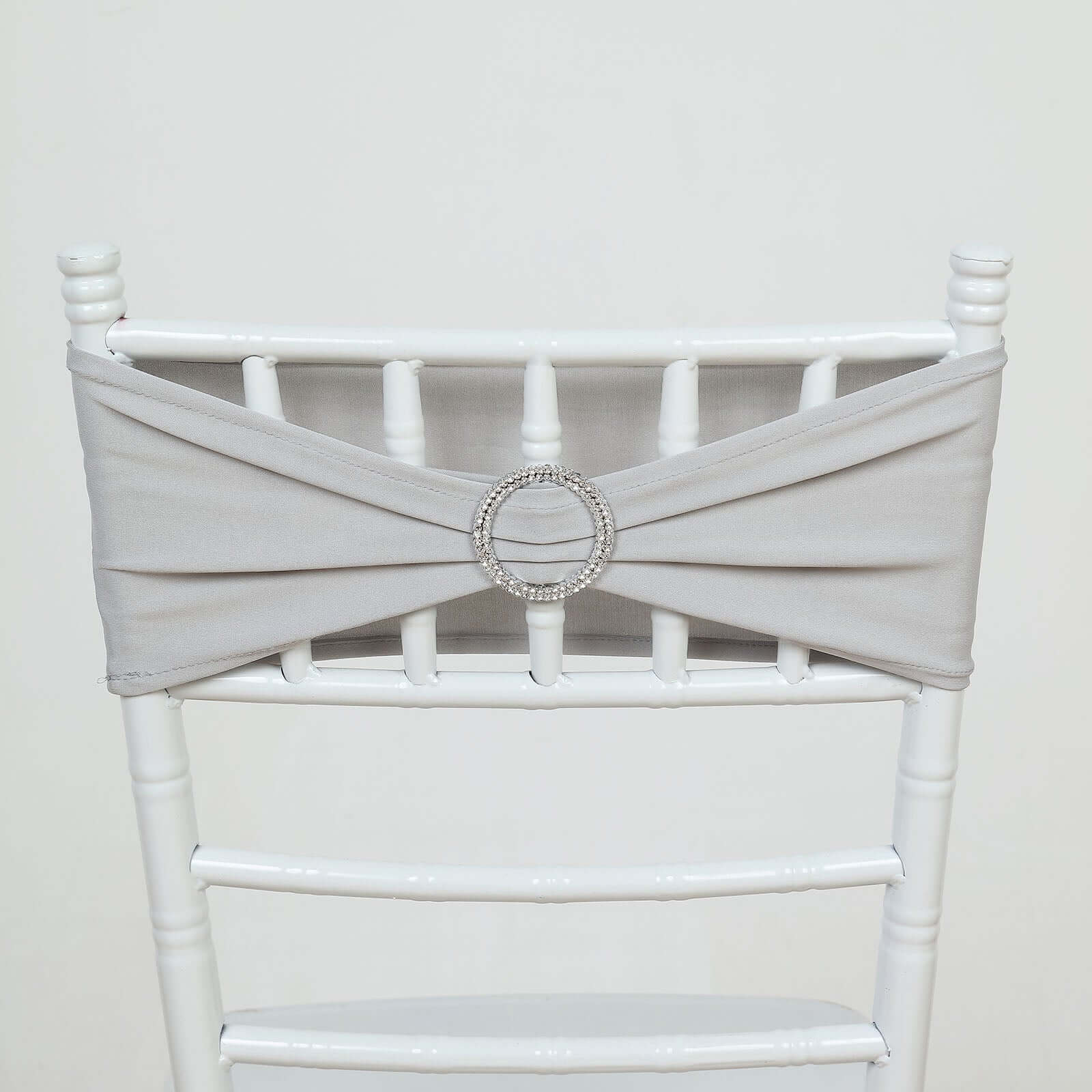 5 Pack Stretch Spandex Chair Sashes Silver - Reusable Chair Bands with Silver Diamond Ring Slide Buckle 5"x14" - Linen Luxes