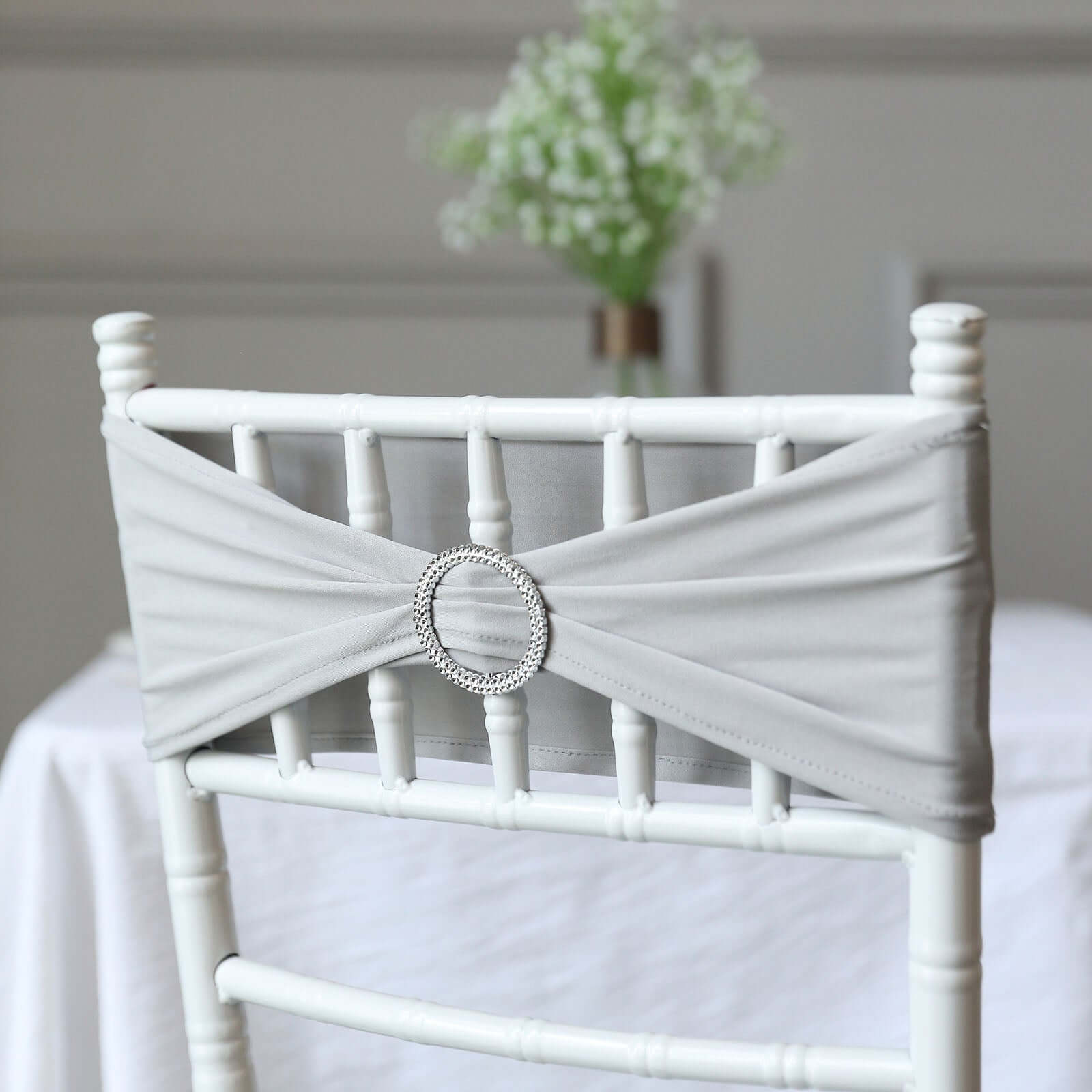 5 Pack Stretch Spandex Chair Sashes Silver - Reusable Chair Bands with Silver Diamond Ring Slide Buckle 5"x14" - Linen Luxes