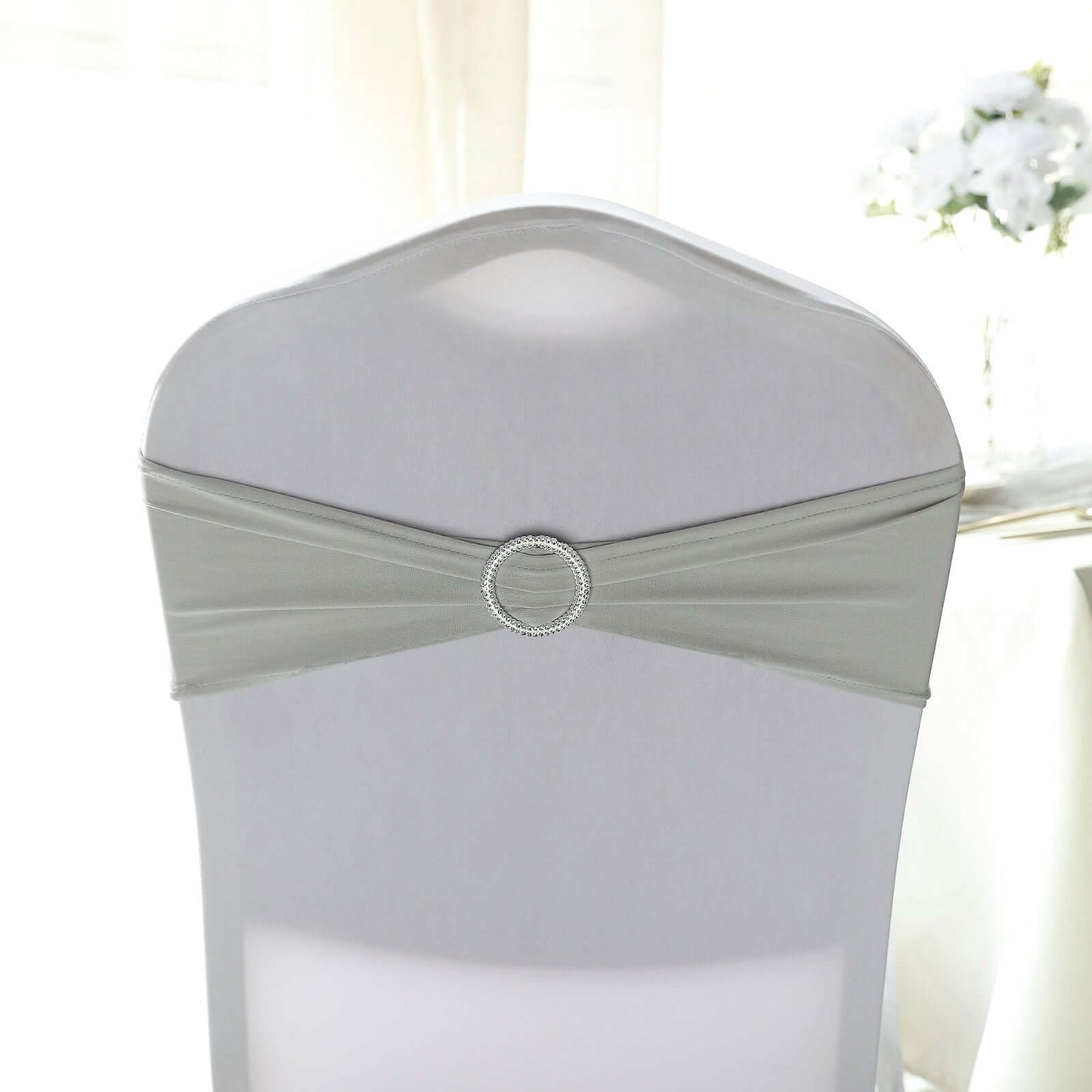 5 Pack Stretch Spandex Chair Sashes Silver - Reusable Chair Bands with Silver Diamond Ring Slide Buckle 5"x14" - Linen Luxes