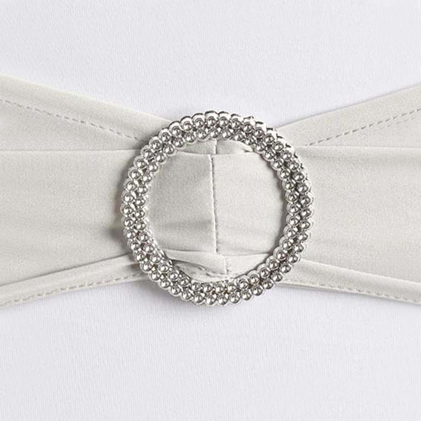 5 Pack Stretch Spandex Chair Sashes Silver - Reusable Chair Bands with Silver Diamond Ring Slide Buckle 5"x14" - Linen Luxes