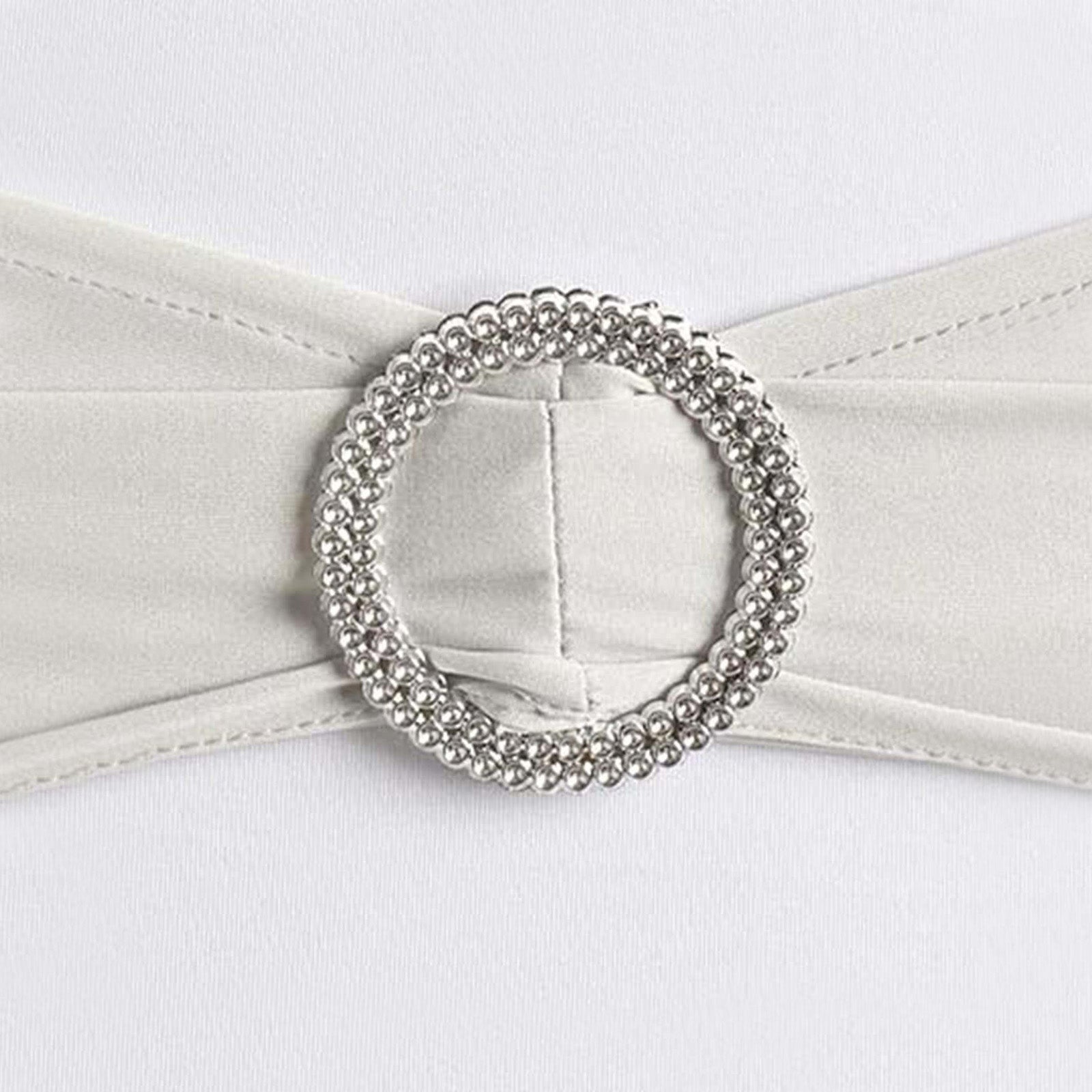 5 Pack Stretch Spandex Chair Sashes Silver - Reusable Chair Bands with Silver Diamond Ring Slide Buckle 5"x14" - Linen Luxes