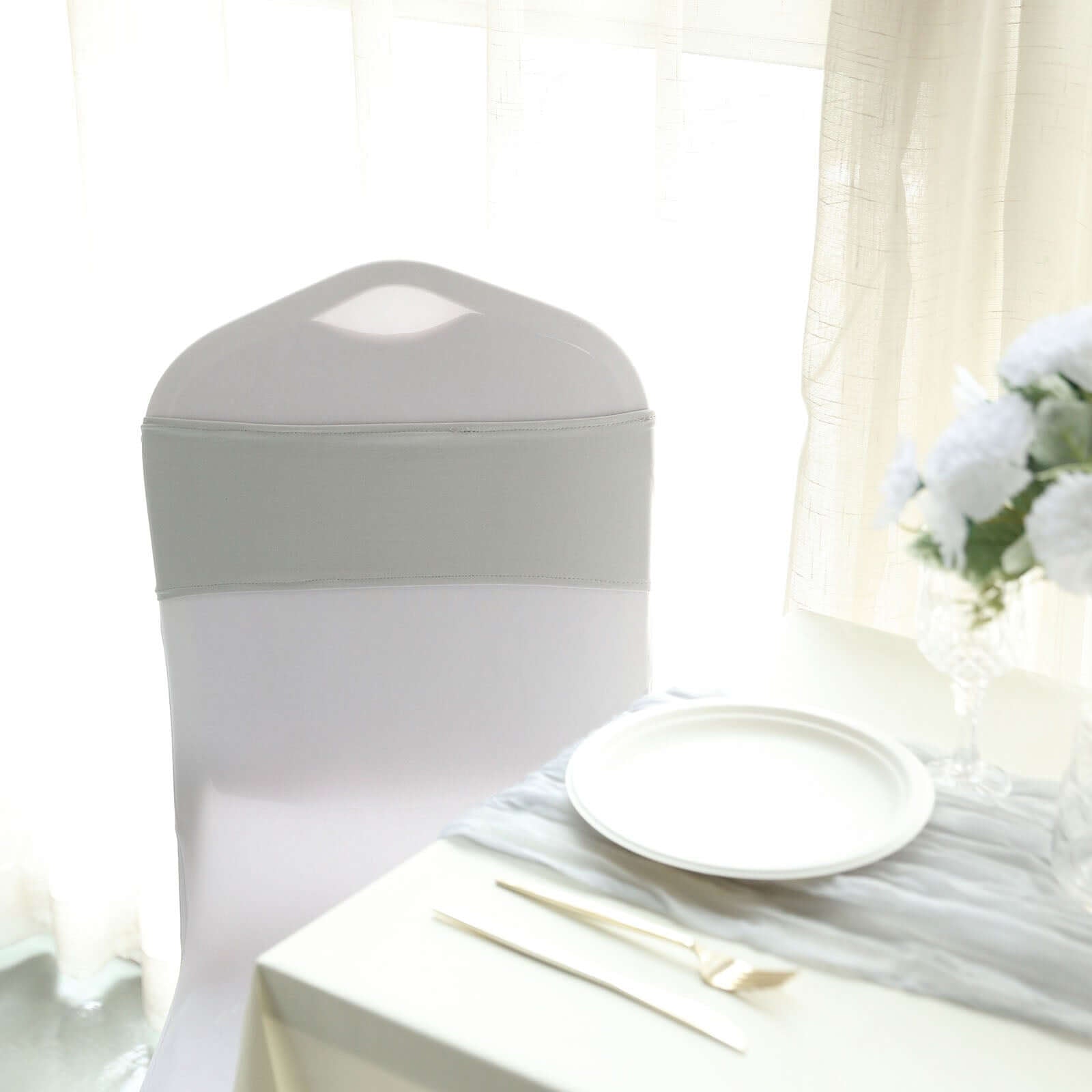 5 Pack Stretch Spandex Chair Sashes Silver - Reusable Chair Bands with Silver Diamond Ring Slide Buckle 5"x14" - Linen Luxes