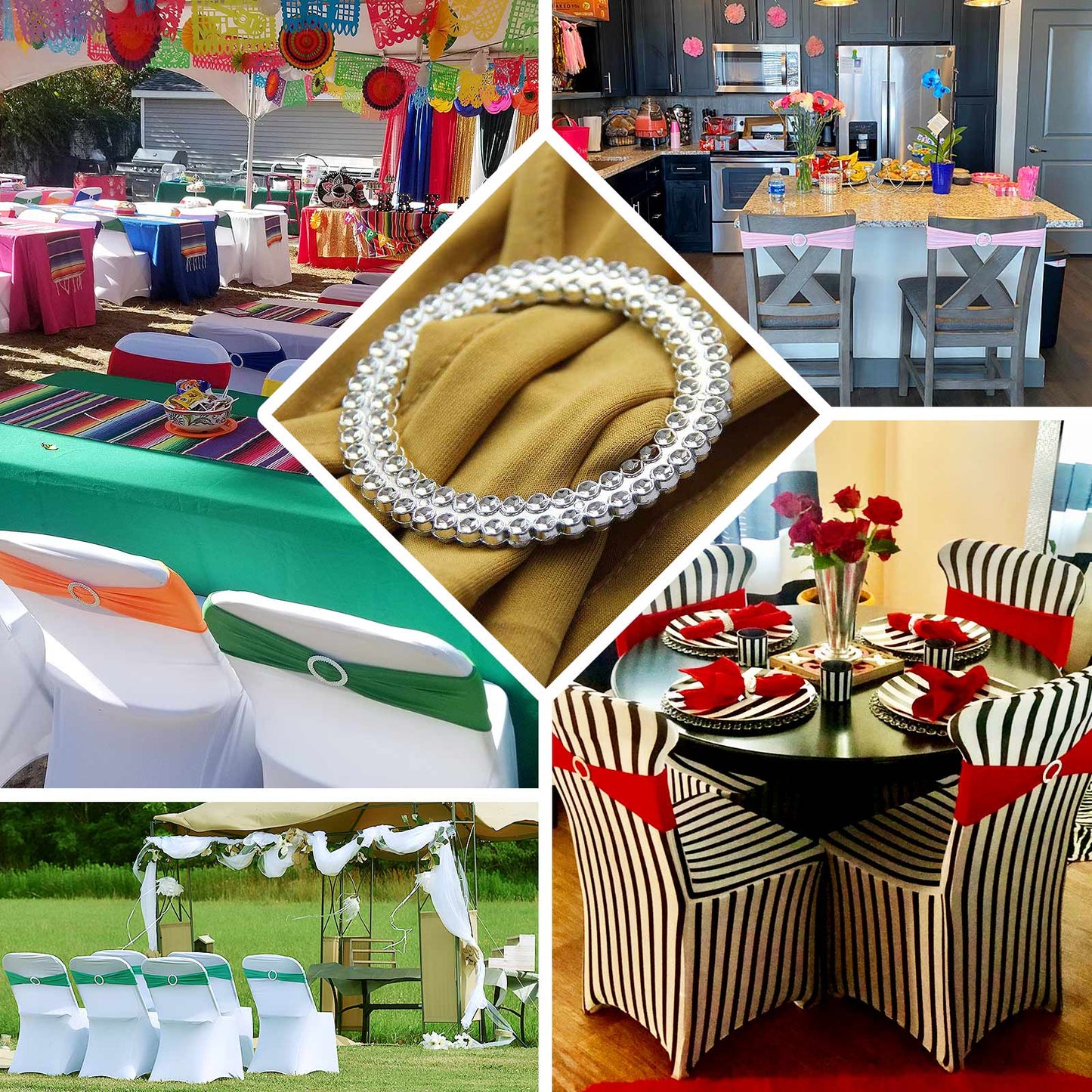 5 Pack Stretch Spandex Chair Sashes Turquoise - Reusable Chair Bands with Silver Diamond Ring Slide Buckle 5"x14" - Linen Luxes