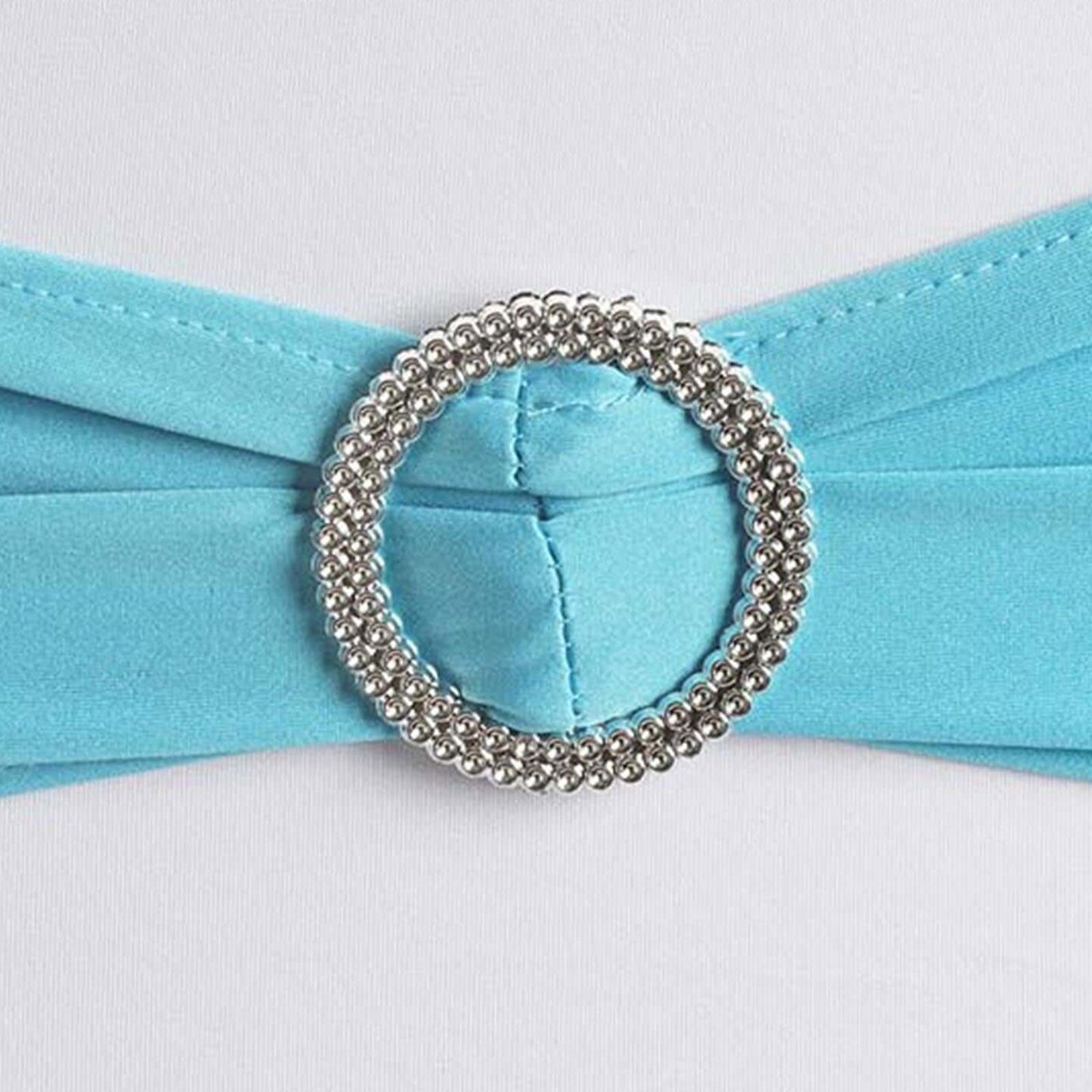 5 Pack Stretch Spandex Chair Sashes Turquoise - Reusable Chair Bands with Silver Diamond Ring Slide Buckle 5"x14" - Linen Luxes