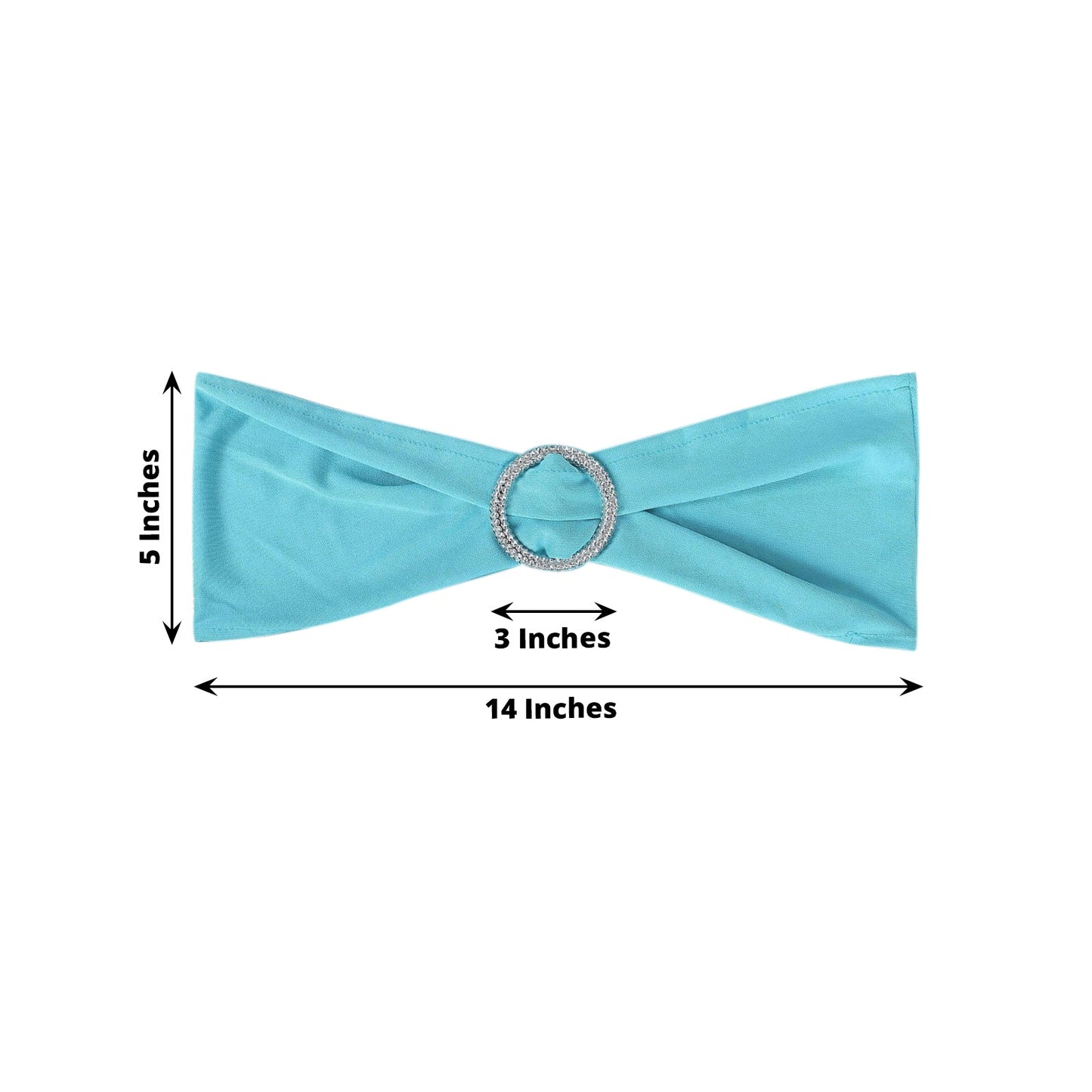 5 Pack Stretch Spandex Chair Sashes Turquoise - Reusable Chair Bands with Silver Diamond Ring Slide Buckle 5"x14" - Linen Luxes