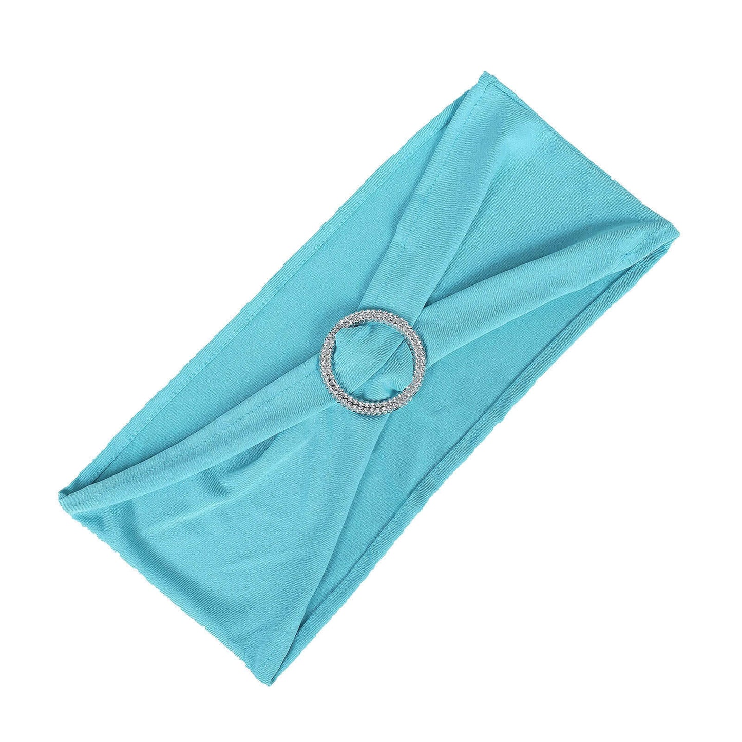 5 Pack Stretch Spandex Chair Sashes Turquoise - Reusable Chair Bands with Silver Diamond Ring Slide Buckle 5"x14" - Linen Luxes
