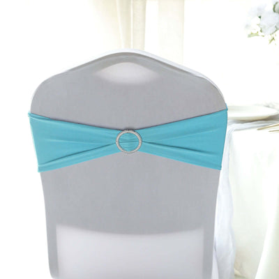 5 Pack Stretch Spandex Chair Sashes Turquoise - Reusable Chair Bands with Silver Diamond Ring Slide Buckle 5"x14" - Linen Luxes
