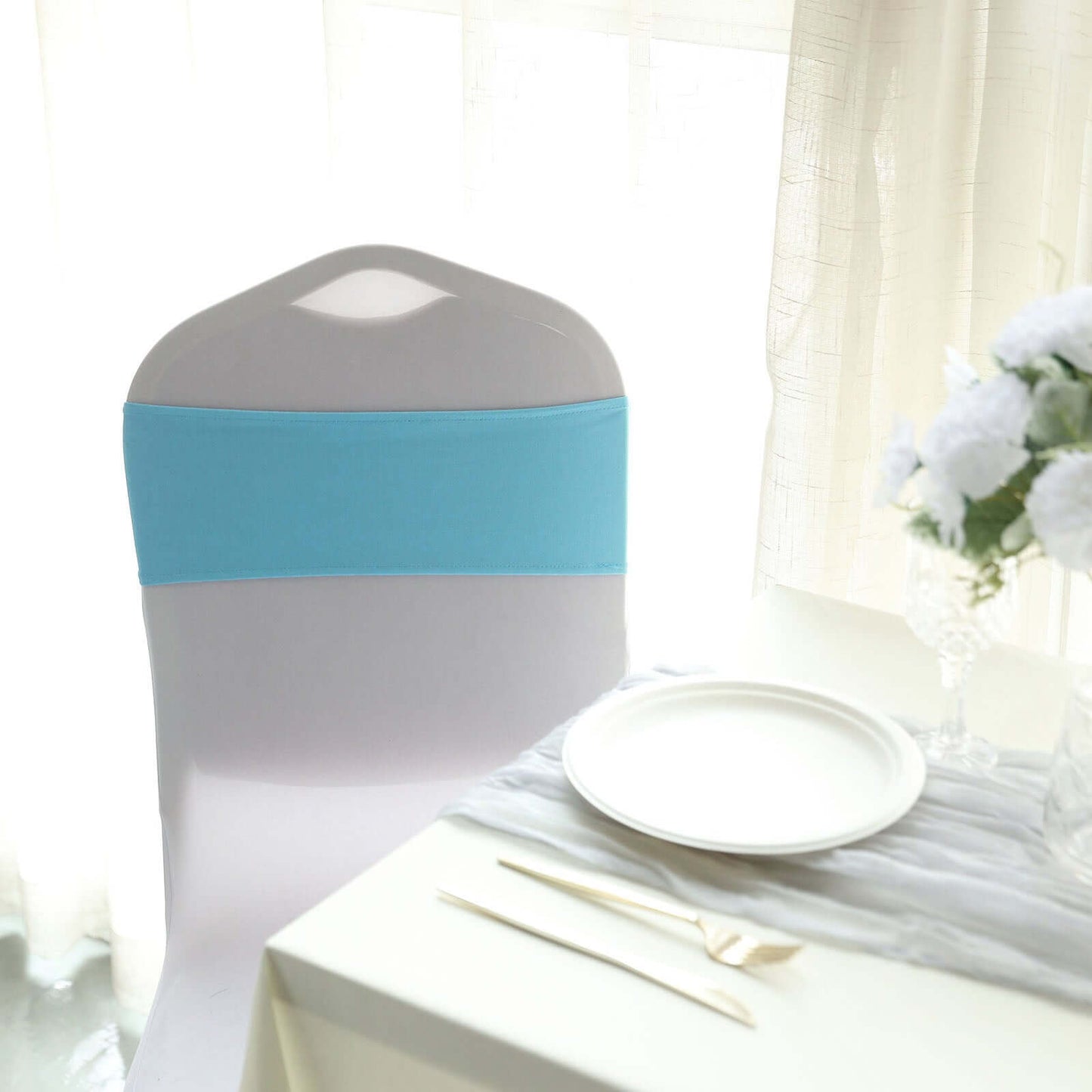 5 Pack Stretch Spandex Chair Sashes Turquoise - Reusable Chair Bands with Silver Diamond Ring Slide Buckle 5"x14" - Linen Luxes