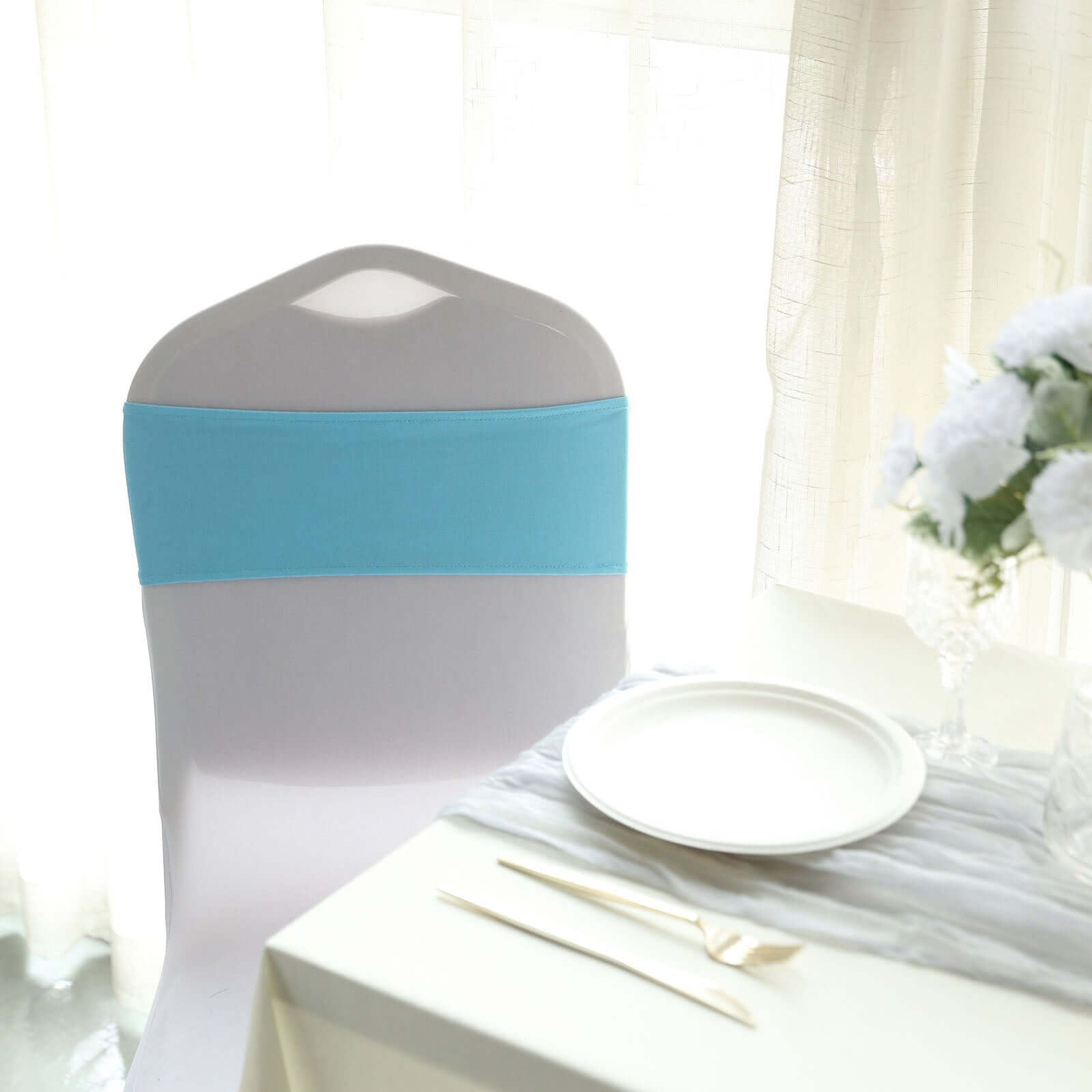 5 Pack Stretch Spandex Chair Sashes Turquoise - Reusable Chair Bands with Silver Diamond Ring Slide Buckle 5"x14" - Linen Luxes