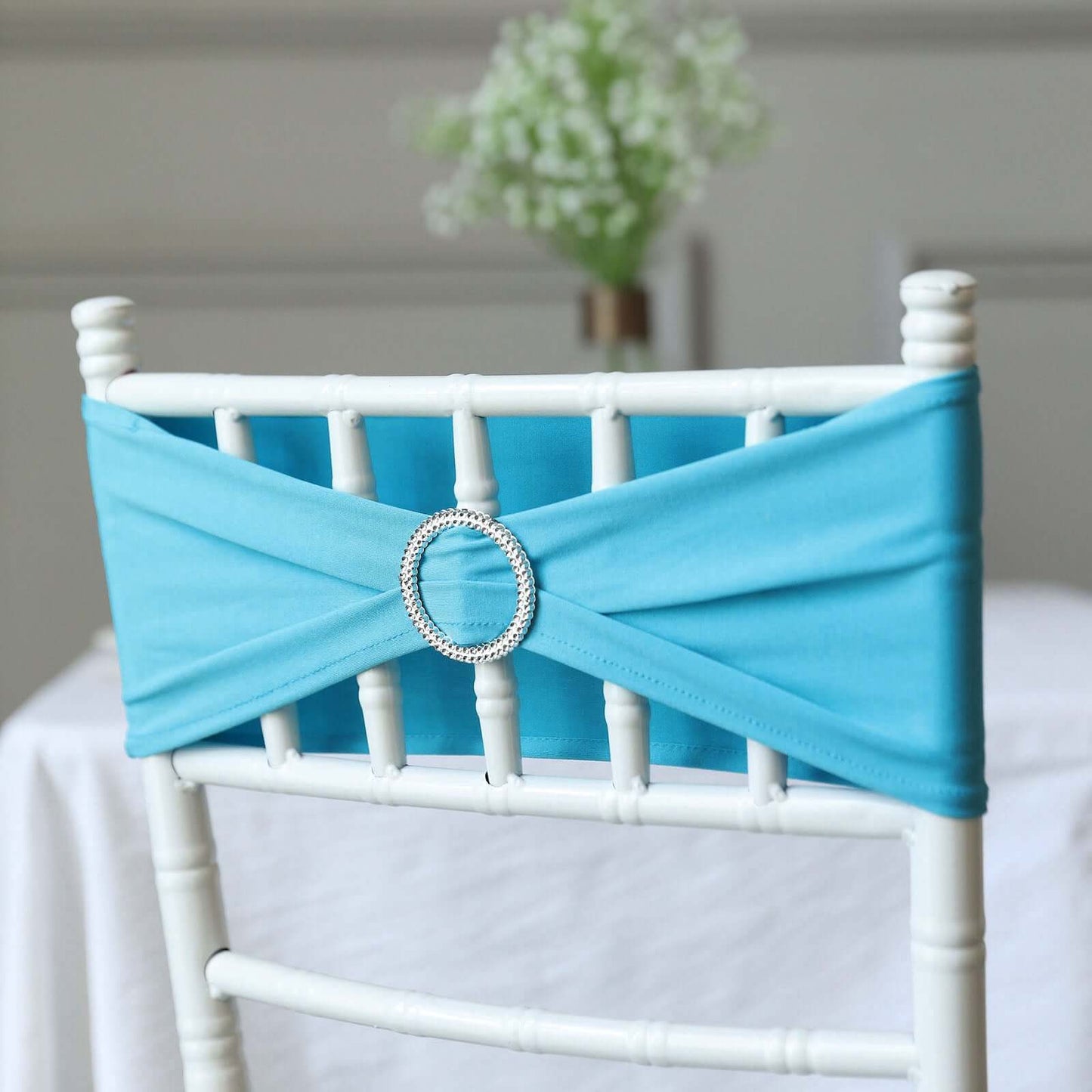 5 Pack Stretch Spandex Chair Sashes Turquoise - Reusable Chair Bands with Silver Diamond Ring Slide Buckle 5"x14" - Linen Luxes