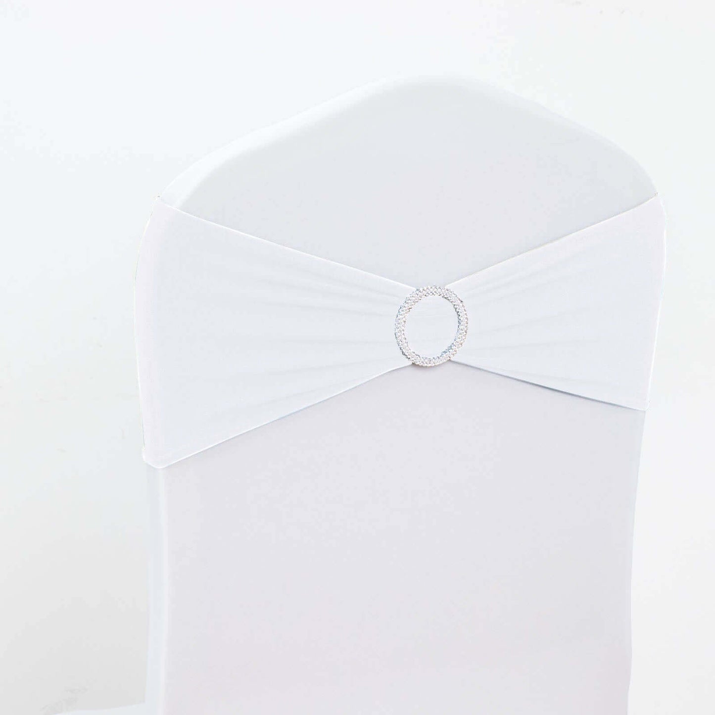 5 Pack Stretch Spandex Chair Sashes White - Classy Reusable Chair Bands with Silver Diamond Ring Slide Buckle 5"x14" - Linen Luxes