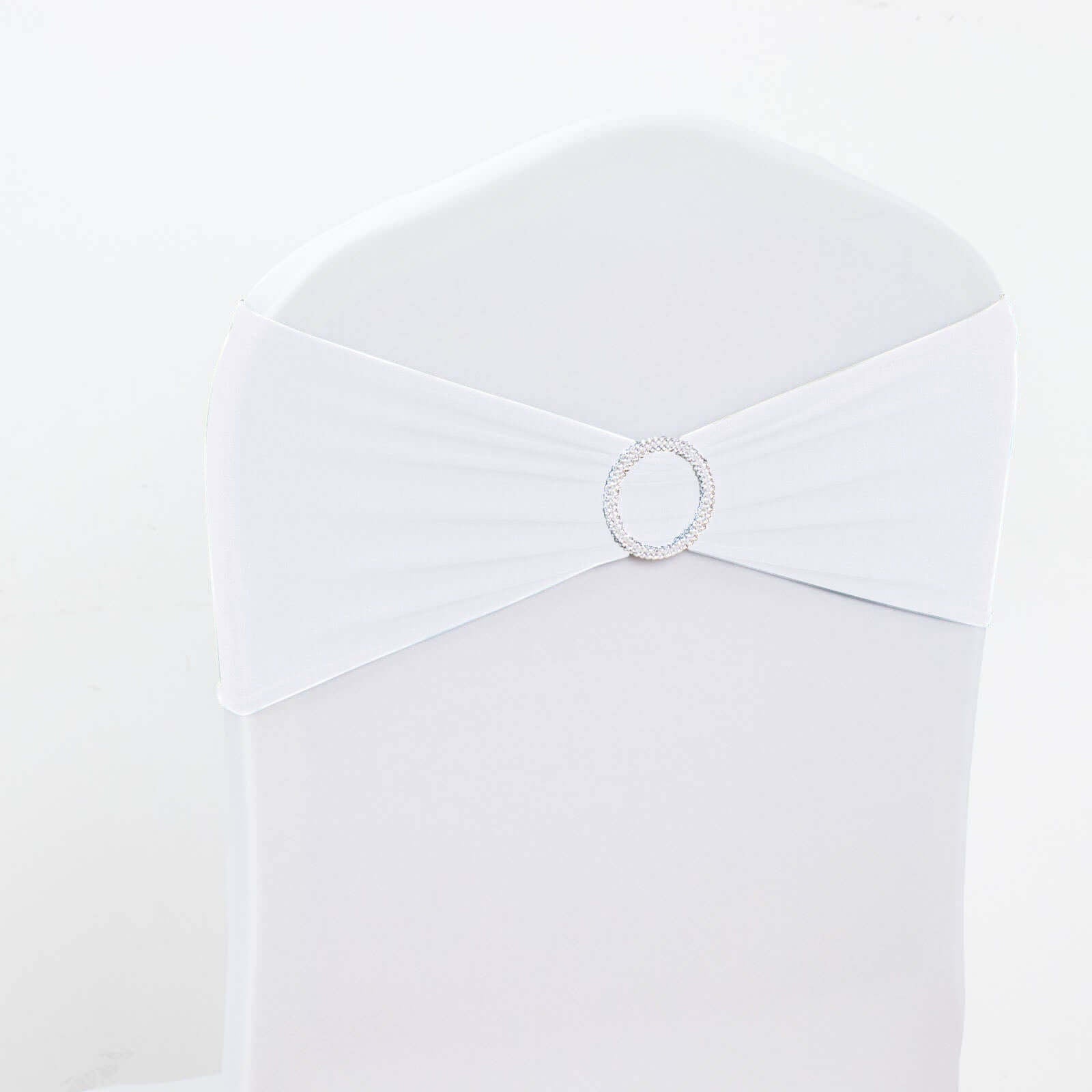 5 Pack Stretch Spandex Chair Sashes White - Classy Reusable Chair Bands with Silver Diamond Ring Slide Buckle 5"x14" - Linen Luxes