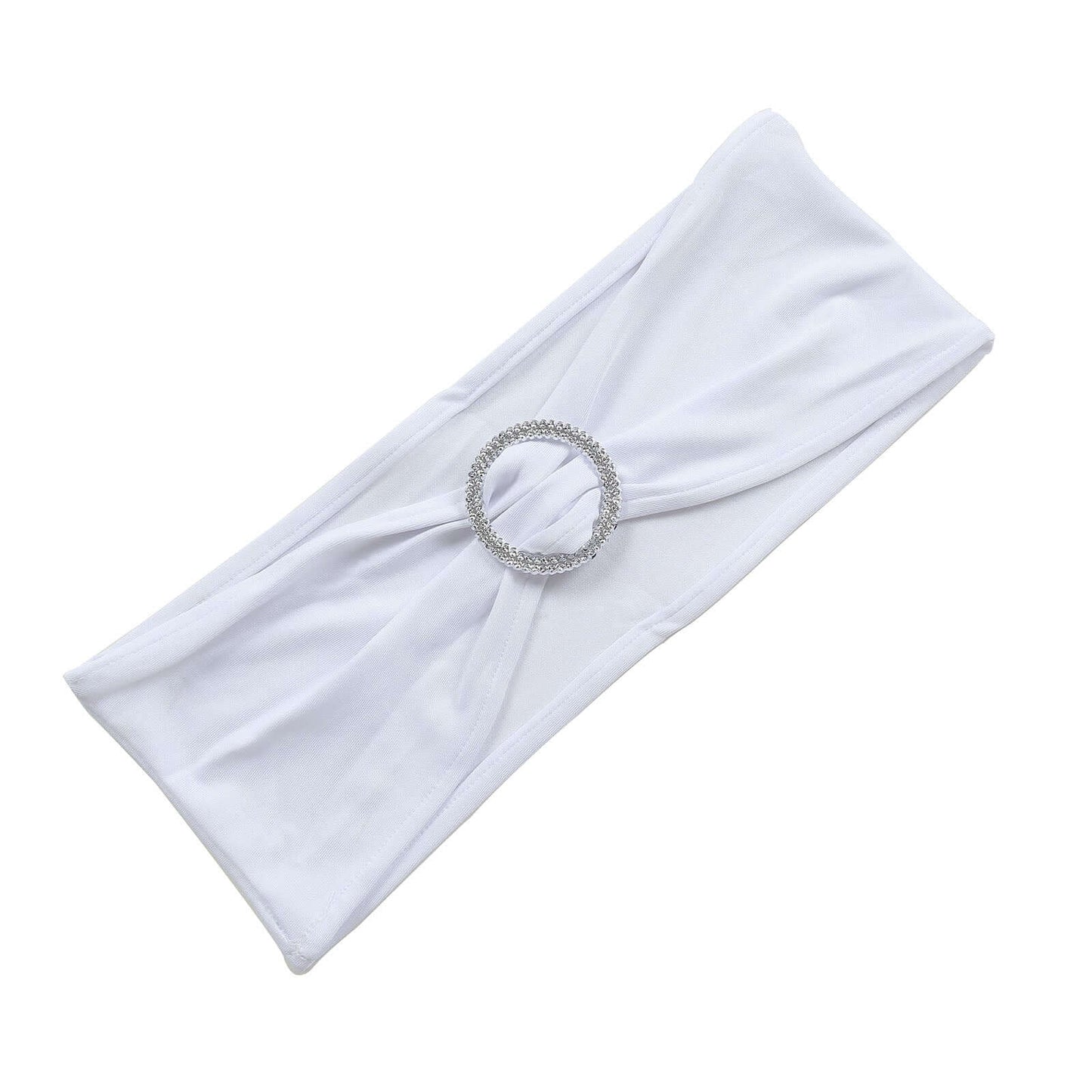 5 Pack Stretch Spandex Chair Sashes White - Classy Reusable Chair Bands with Silver Diamond Ring Slide Buckle 5"x14" - Linen Luxes