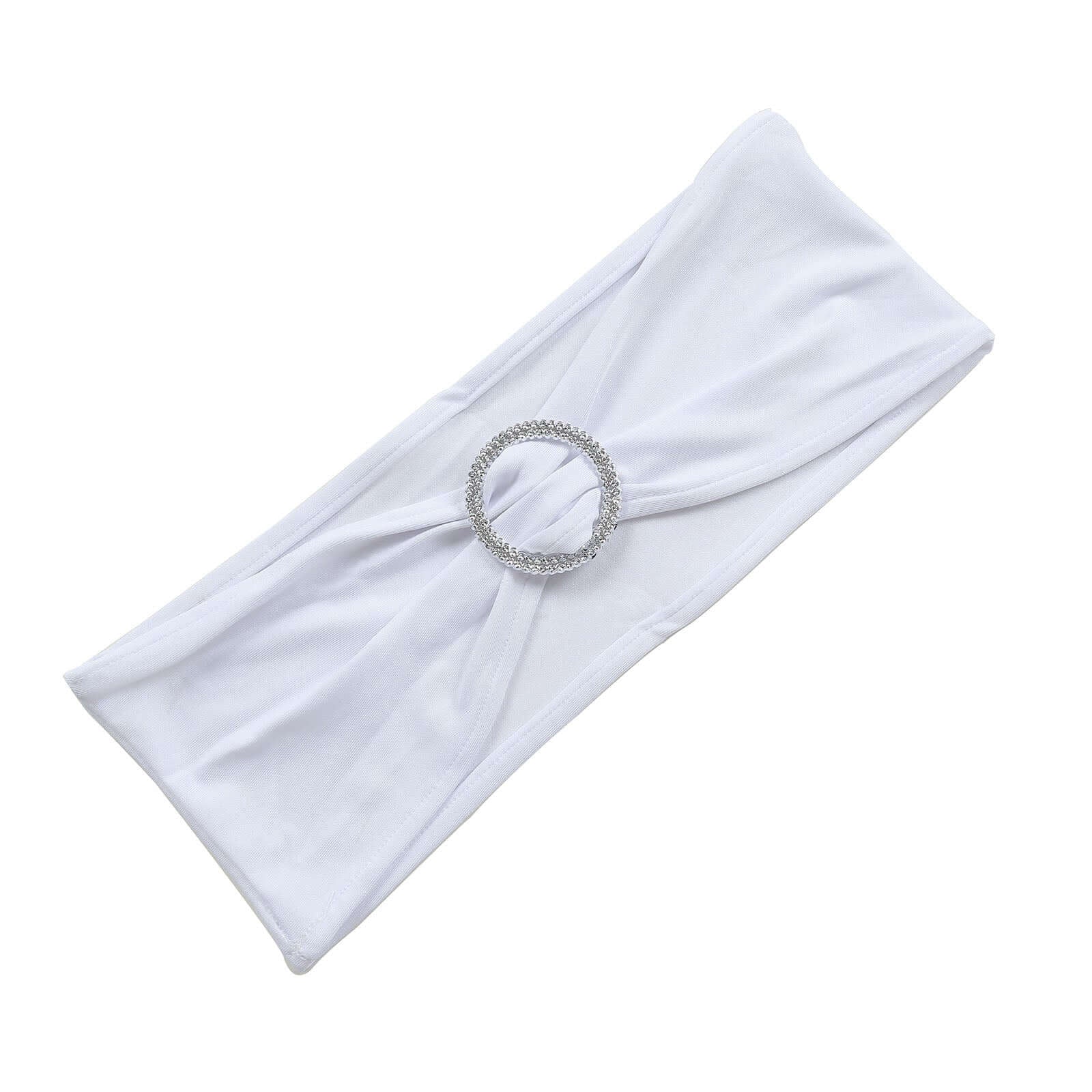 5 Pack Stretch Spandex Chair Sashes White - Classy Reusable Chair Bands with Silver Diamond Ring Slide Buckle 5"x14" - Linen Luxes