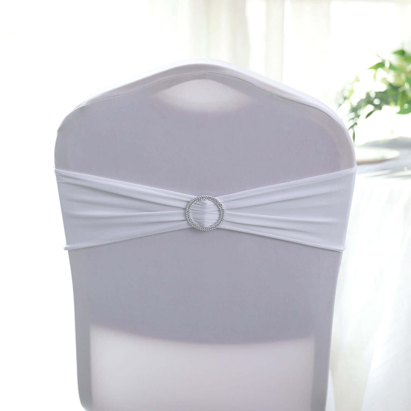 5 Pack Stretch Spandex Chair Sashes White - Classy Reusable Chair Bands with Silver Diamond Ring Slide Buckle 5"x14" - Linen Luxes
