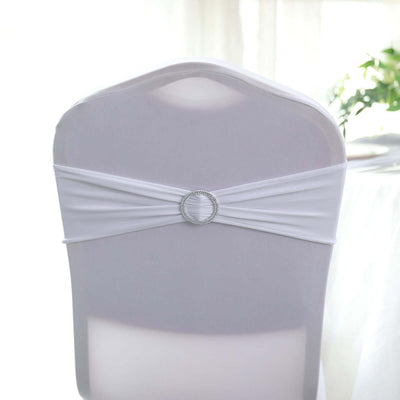 5 Pack Stretch Spandex Chair Sashes White - Classy Reusable Chair Bands with Silver Diamond Ring Slide Buckle 5"x14" - Linen Luxes