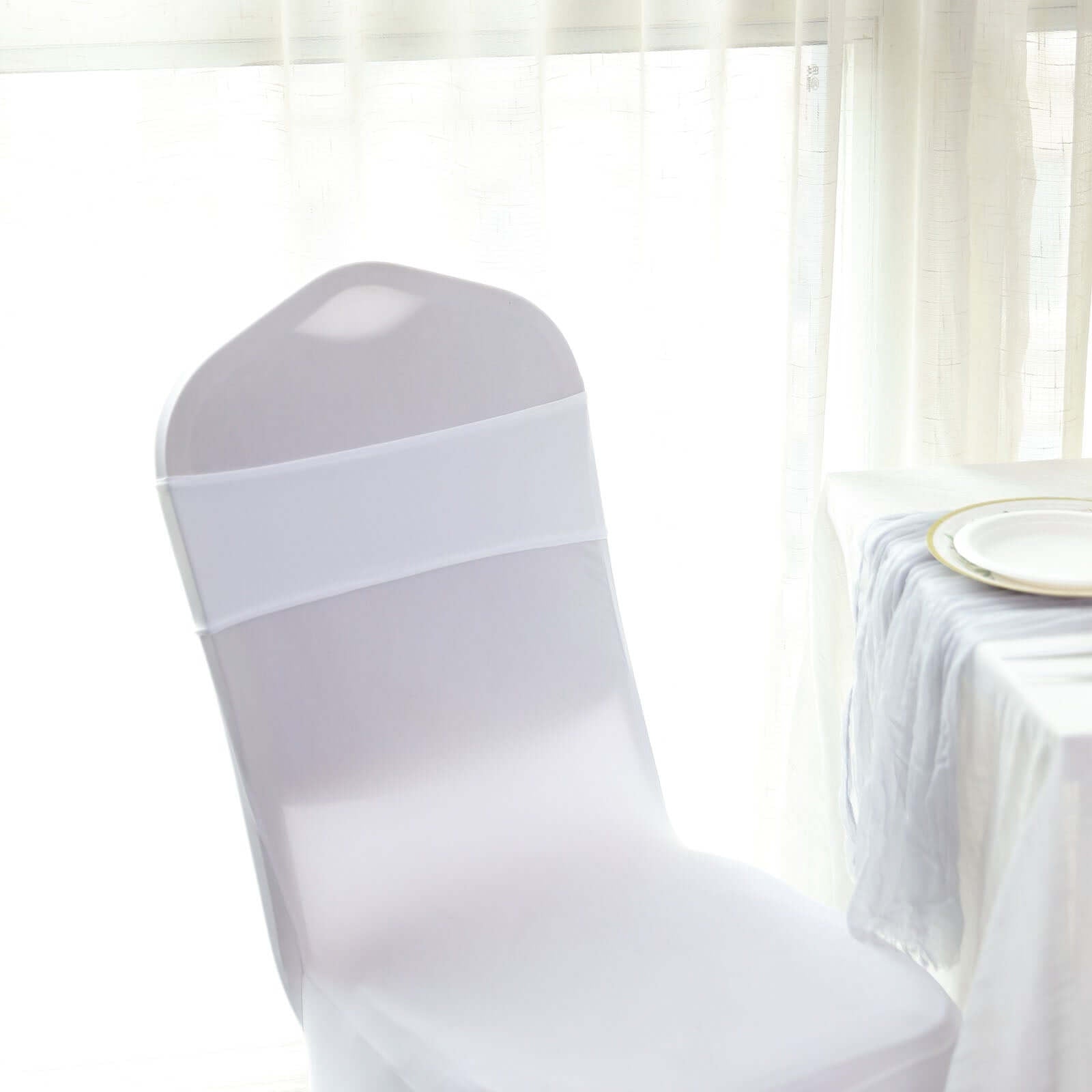 5 Pack Stretch Spandex Chair Sashes White - Classy Reusable Chair Bands with Silver Diamond Ring Slide Buckle 5"x14" - Linen Luxes