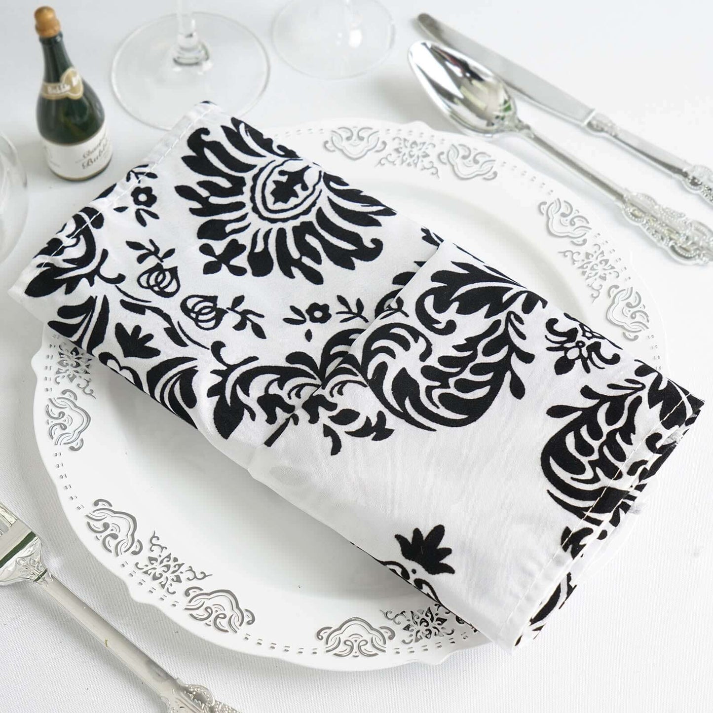 5 Pack Taffeta 20"x20" Napkins Black/White Damask Flocking Design - Decorative Dinner Napkins with a Luxurious Touch - Linen Luxes