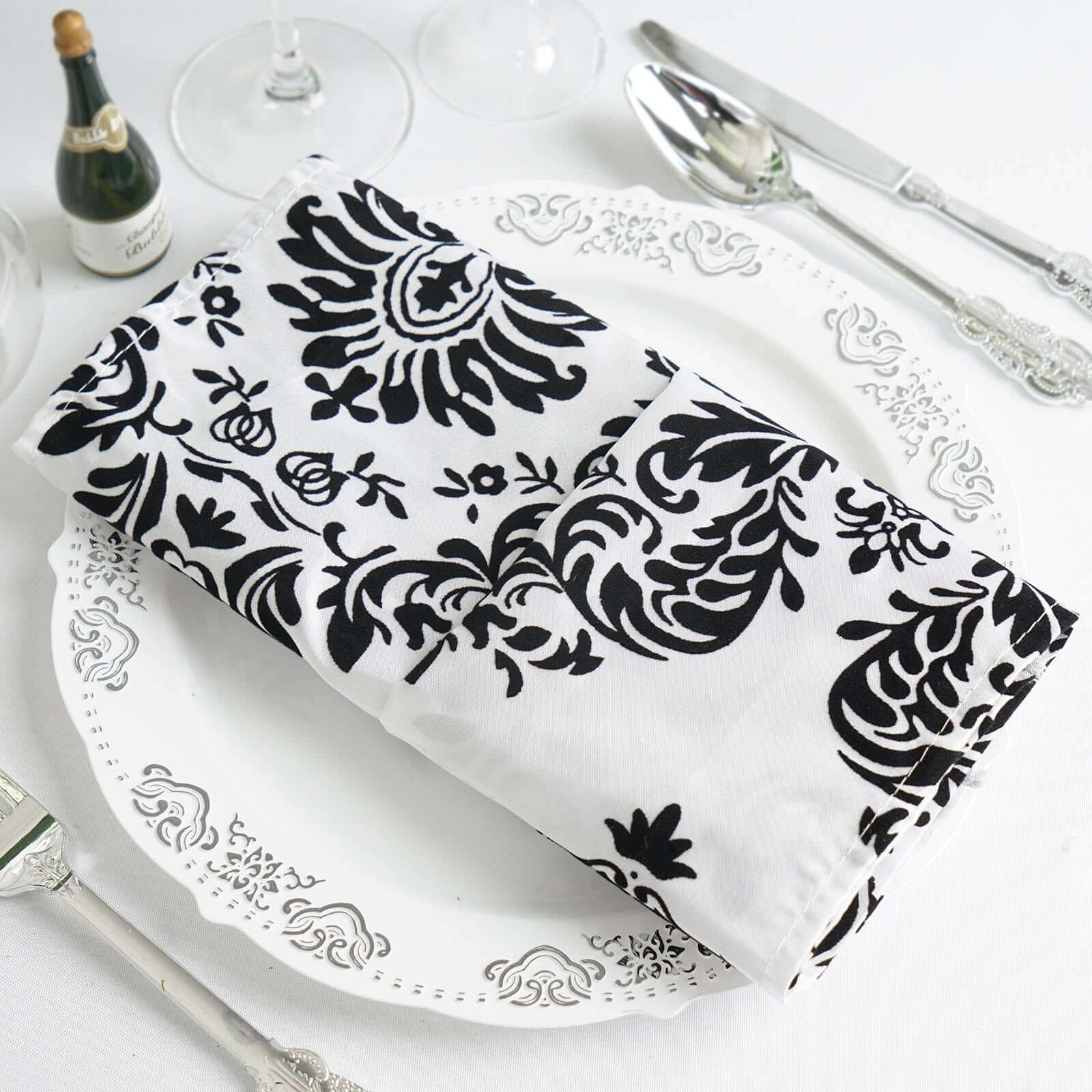 5 Pack Taffeta 20"x20" Napkins Black/White Damask Flocking Design - Decorative Dinner Napkins with a Luxurious Touch - Linen Luxes