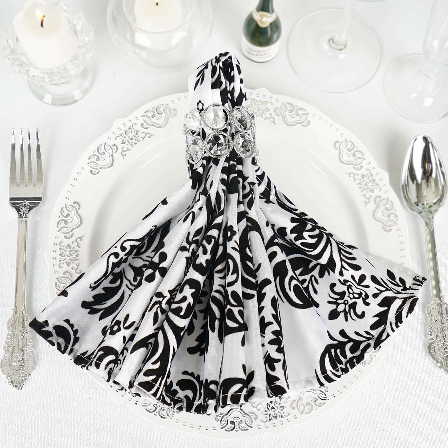 5 Pack Taffeta 20"x20" Napkins Black/White Damask Flocking Design - Decorative Dinner Napkins with a Luxurious Touch - Linen Luxes
