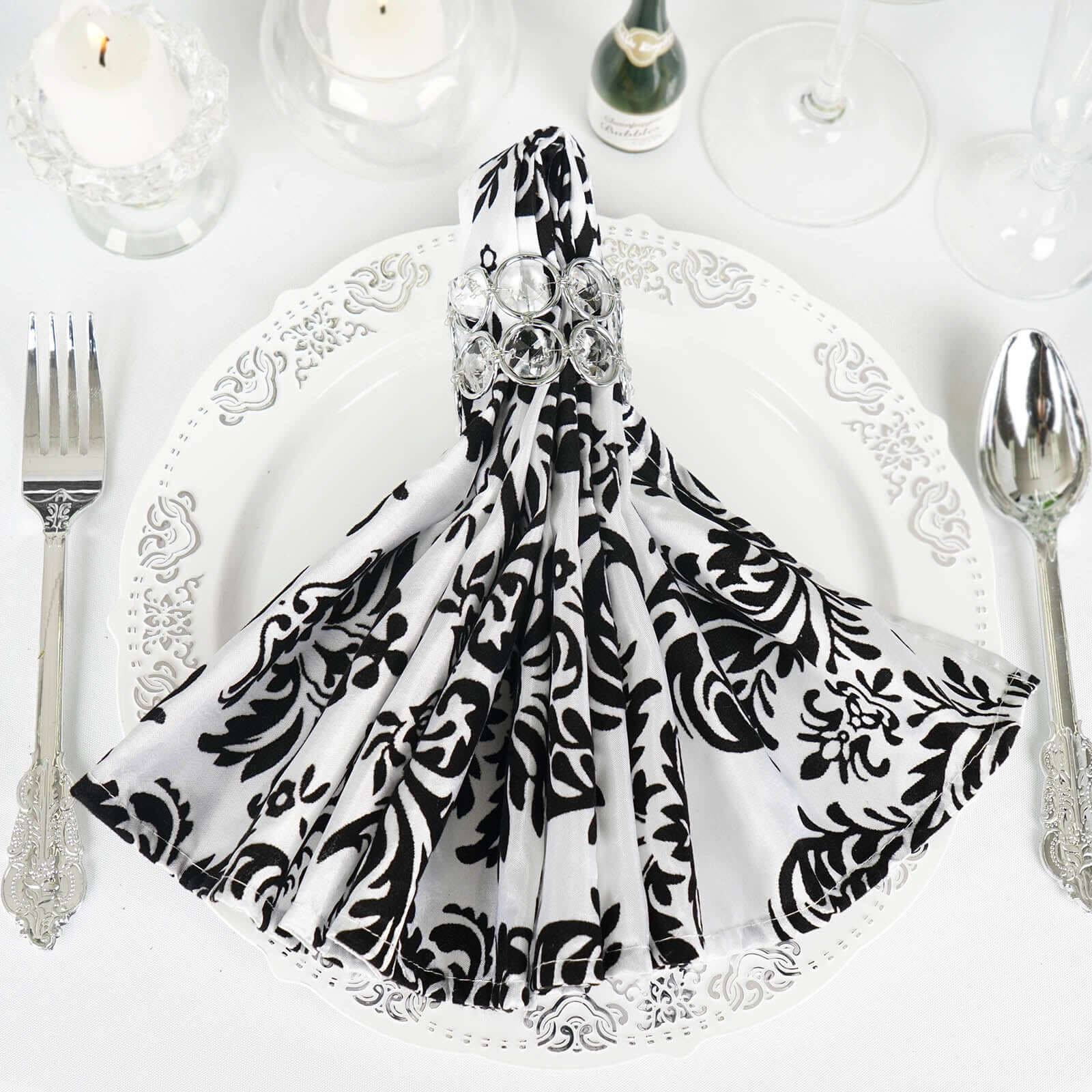 5 Pack Taffeta 20"x20" Napkins Black/White Damask Flocking Design - Decorative Dinner Napkins with a Luxurious Touch - Linen Luxes