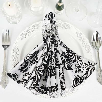 5 Pack Taffeta 20"x20" Napkins Black/White Damask Flocking Design - Decorative Dinner Napkins with a Luxurious Touch - Linen Luxes