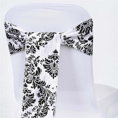 5 Pack Taffeta Damask Chair Sashes White with Black Flocking Design - Modern Vintage Event DÃ©cor 6"x108" - Linen Luxes