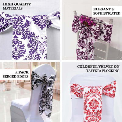 5 Pack Taffeta Damask Chair Sashes White with Black Flocking Design - Modern Vintage Event DÃ©cor 6"x108" - Linen Luxes