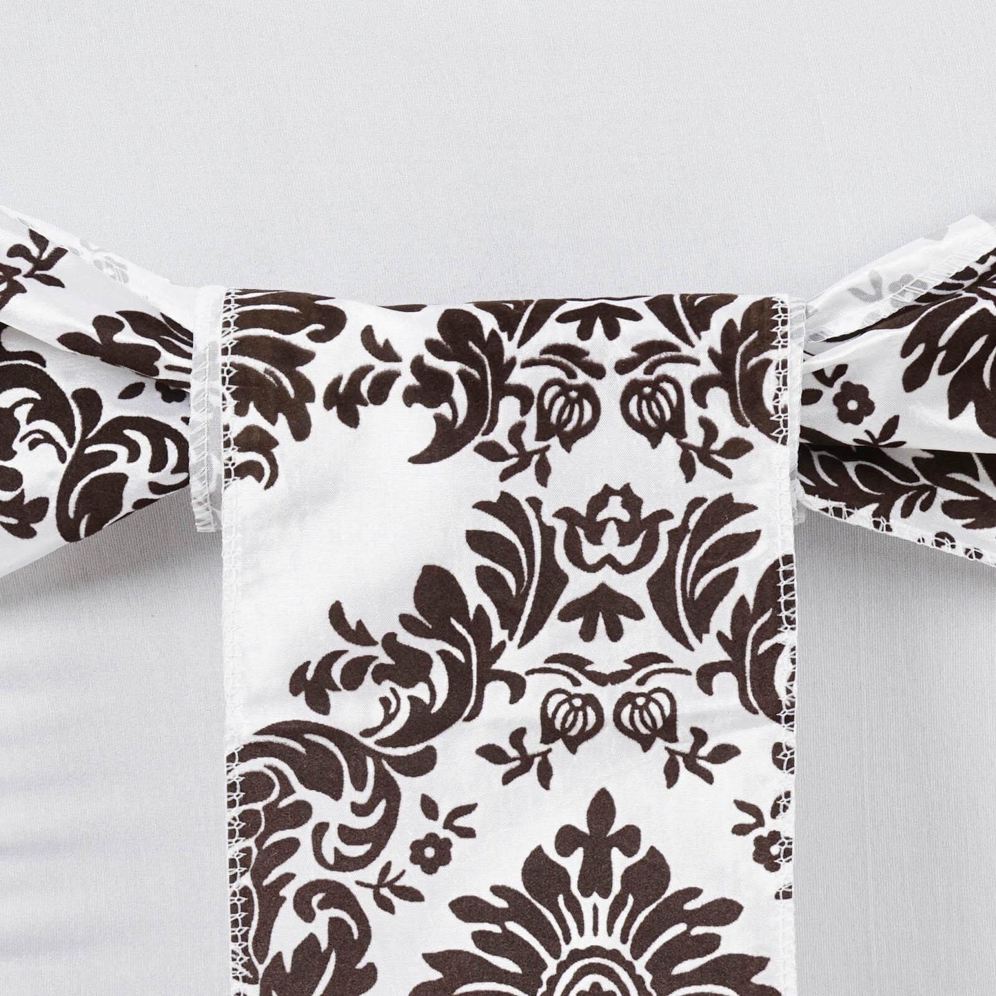 5 Pack Taffeta Damask Chair Sashes White with Chocolate Flocking Design 6"x108" - Linen Luxes