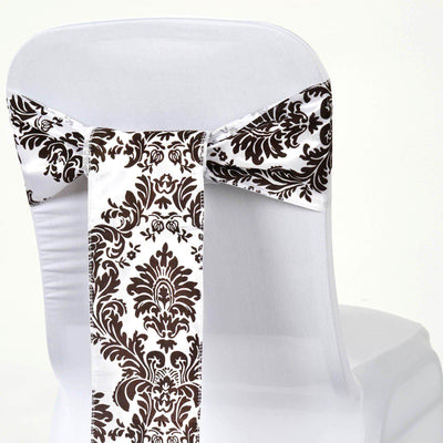 5 Pack Taffeta Damask Chair Sashes White with Chocolate Flocking Design 6"x108" - Linen Luxes