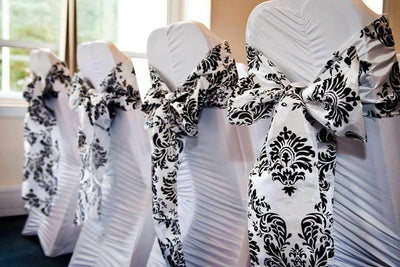 5 Pack Taffeta Damask Chair Sashes White with Chocolate Flocking Design 6"x108" - Linen Luxes