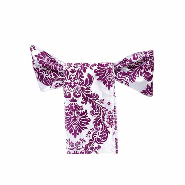5 Pack Taffeta Damask Chair Sashes White with Eggplant Flocking Design 6"x108" - Linen Luxes