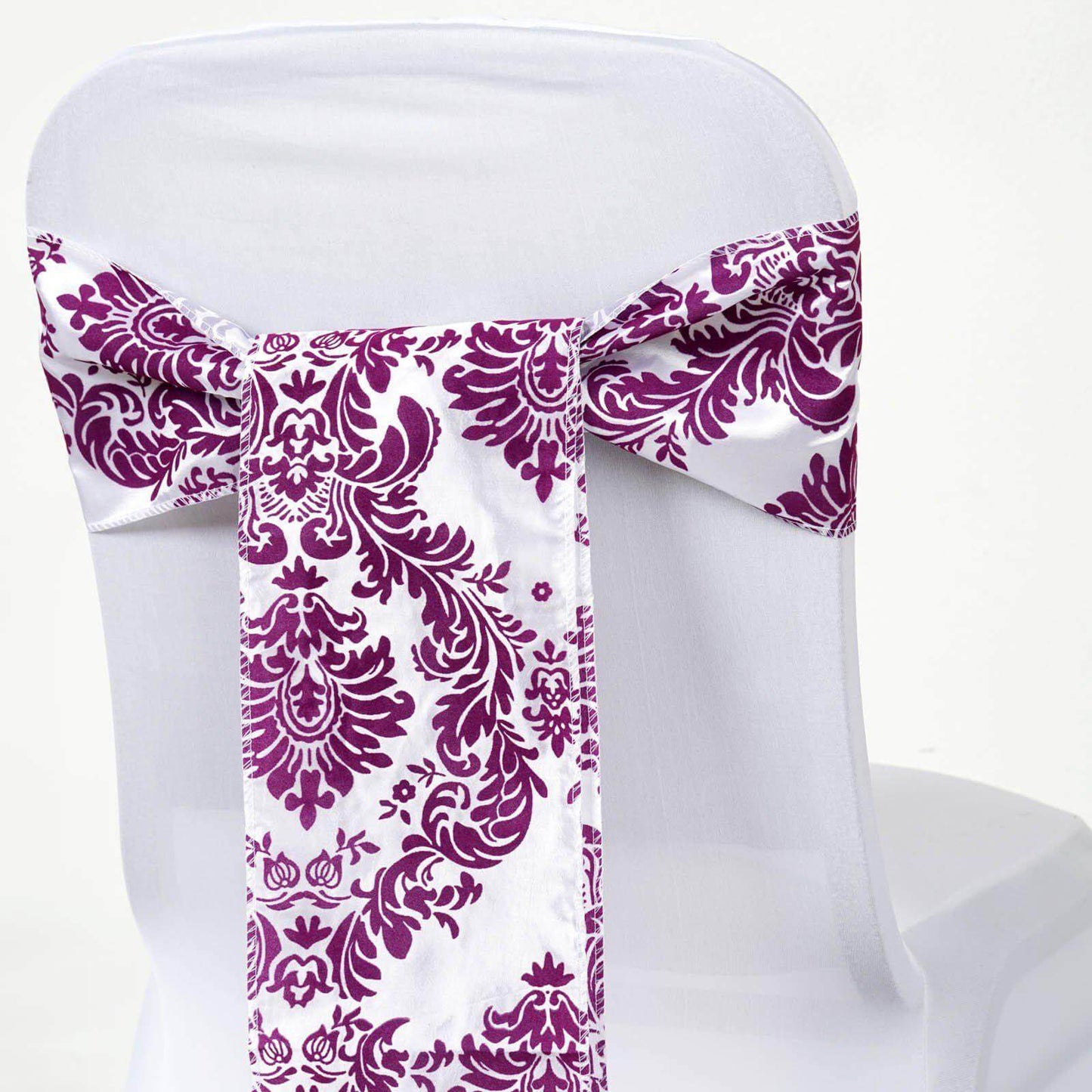5 Pack Taffeta Damask Chair Sashes White with Eggplant Flocking Design 6"x108" - Linen Luxes