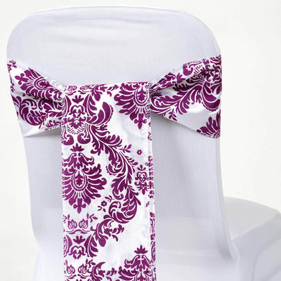 5 Pack Taffeta Damask Chair Sashes White with Eggplant Flocking Design 6"x108" - Linen Luxes