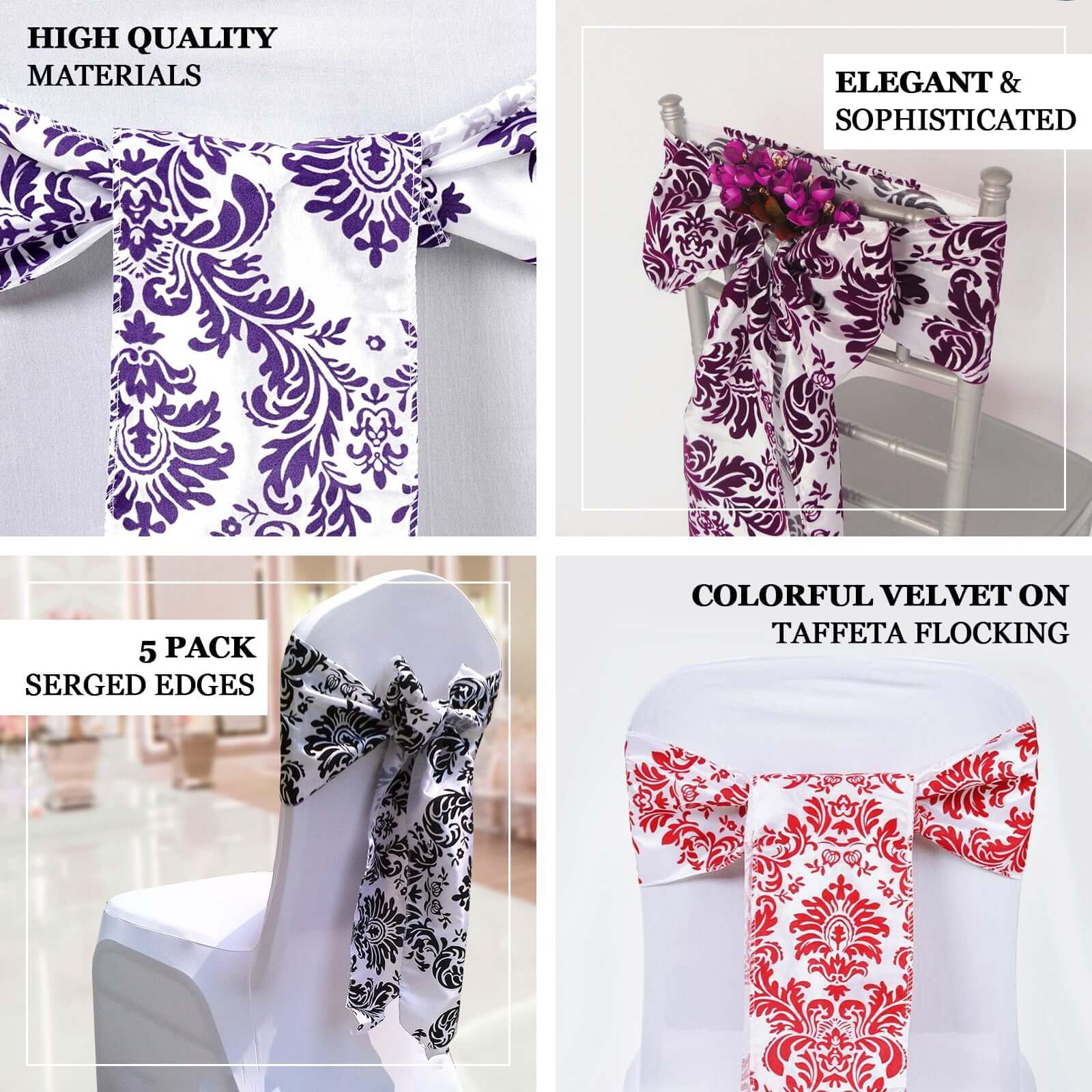 5 Pack Taffeta Damask Chair Sashes White with Eggplant Flocking Design 6"x108" - Linen Luxes