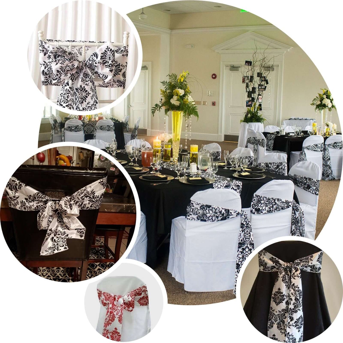 5 Pack Taffeta Damask Chair Sashes White with Eggplant Flocking Design 6"x108" - Linen Luxes