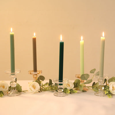 5-Pack Taper Candles Ribbed Wick Ribbon Wax Design Assorted Sage Green - Premium Unscented Dinner Candles 9"