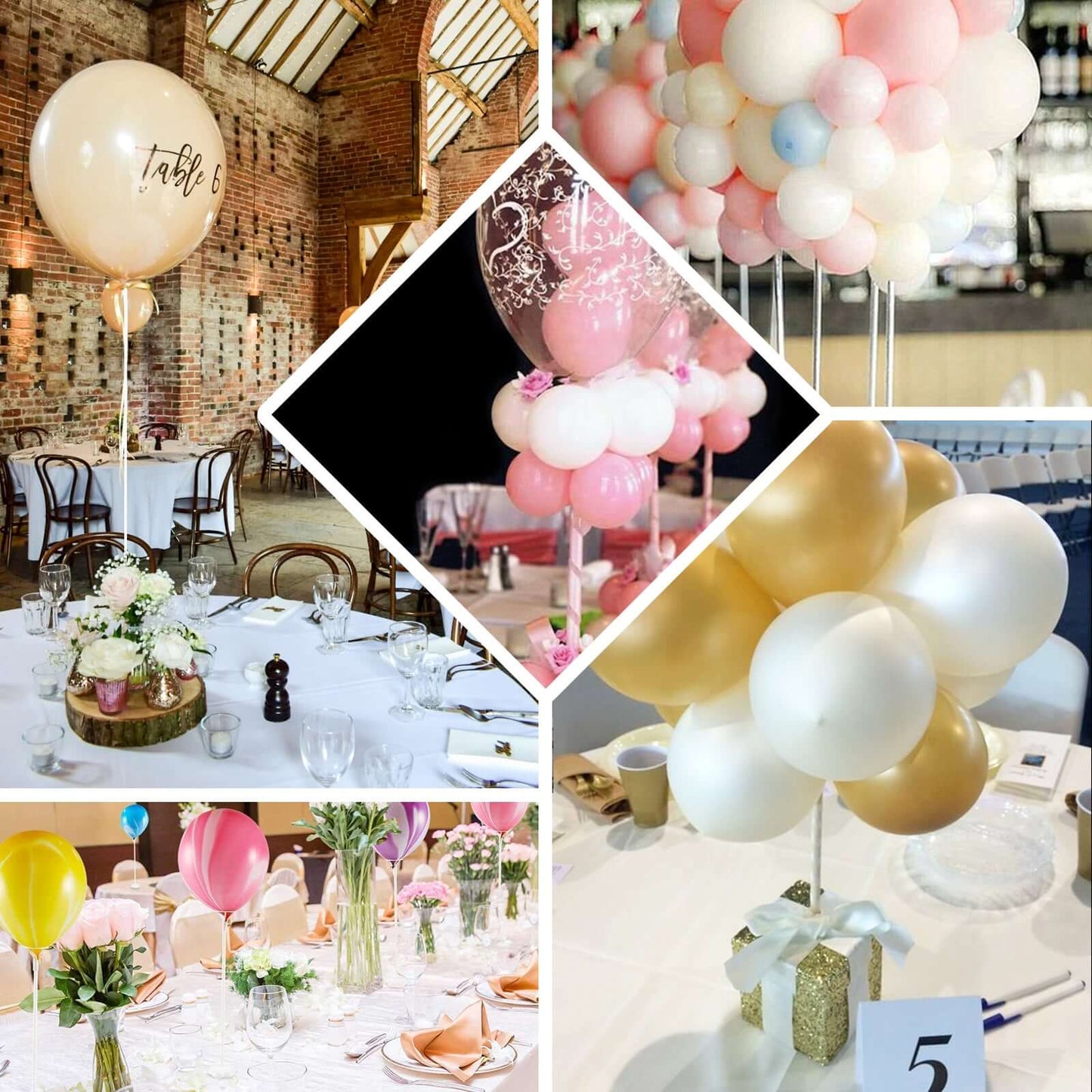 5 Pack White Balloon Centerpieces Holder with Floral Base, Table Top Balloon Stand Stick Kit - 17" - Linen Luxes